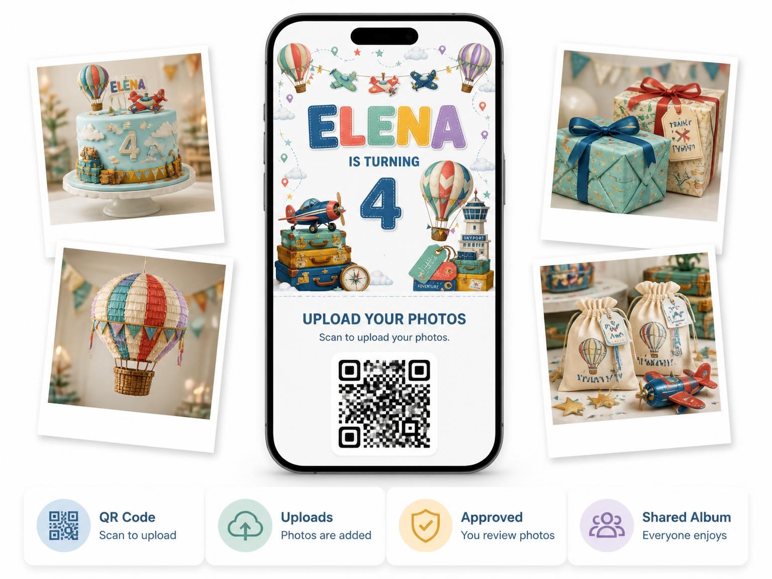 The shared photo gallery that comes with the Stitched Up and Away 4th Birthday Invitation invitation