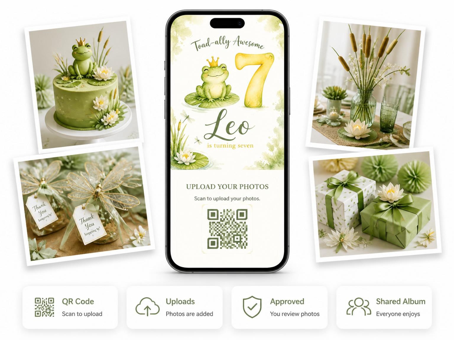 The shared photo gallery that comes with the Watercolor Frog Lily Pad 7th Birthday invitation