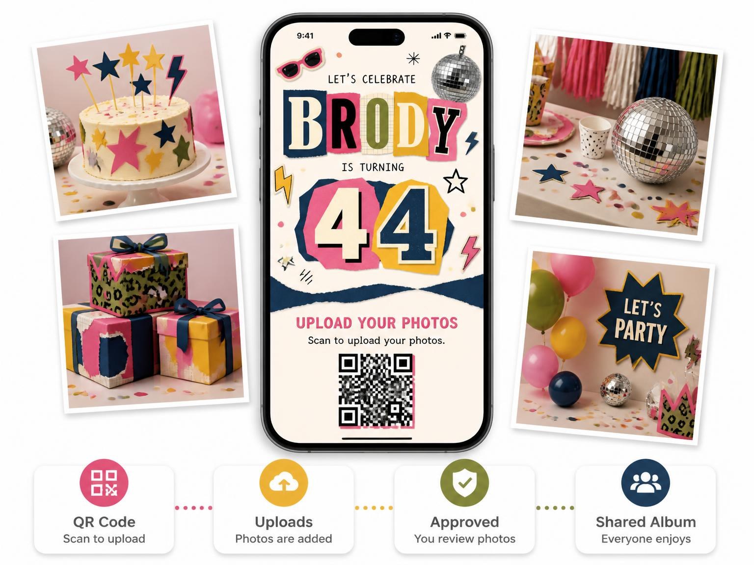 The shared photo gallery that comes with the Retro Paper Collage 44th Birthday Invitation invitation