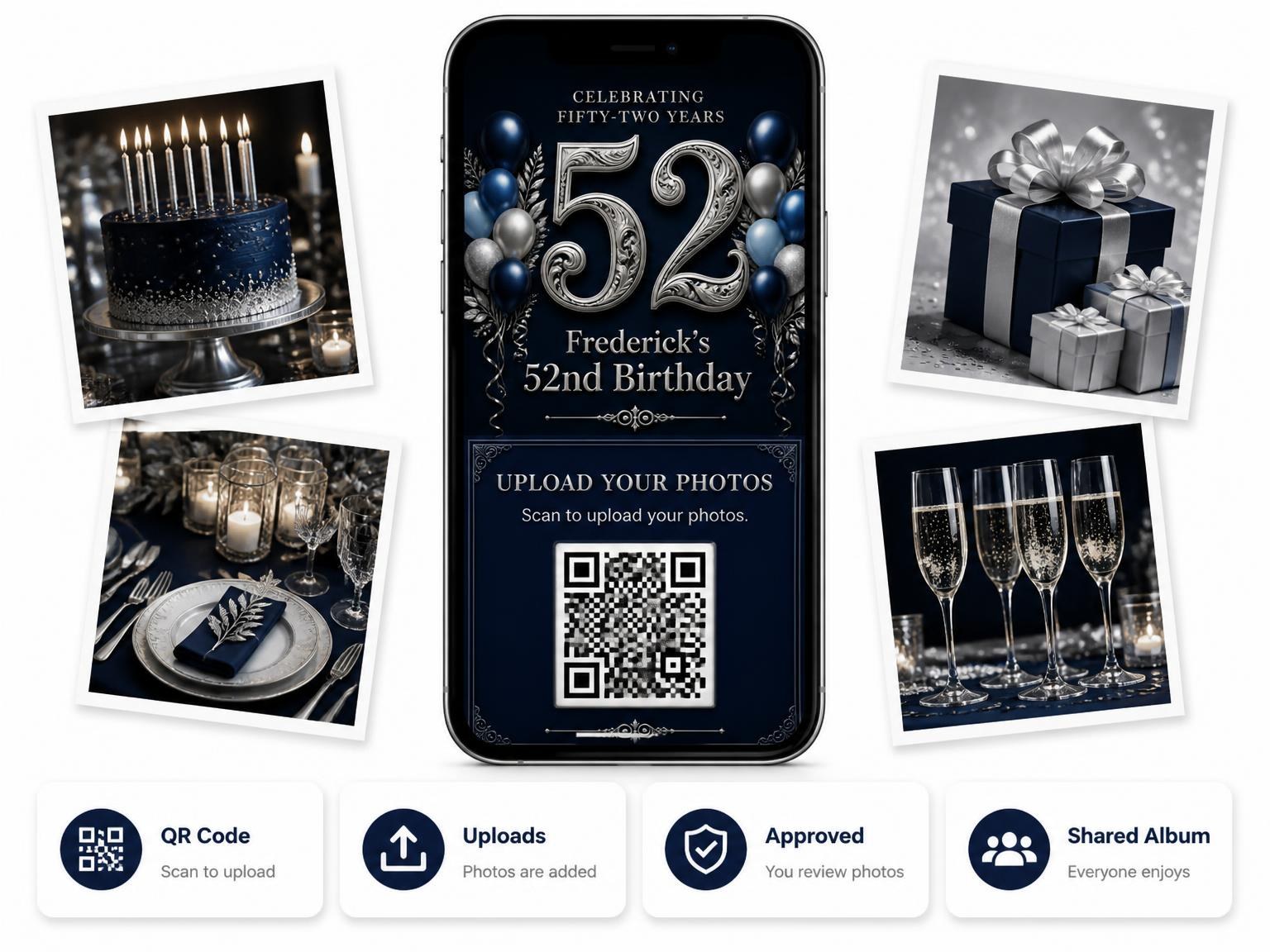 The shared photo gallery that comes with the Navy and Silver 52nd Birthday Invitation invitation