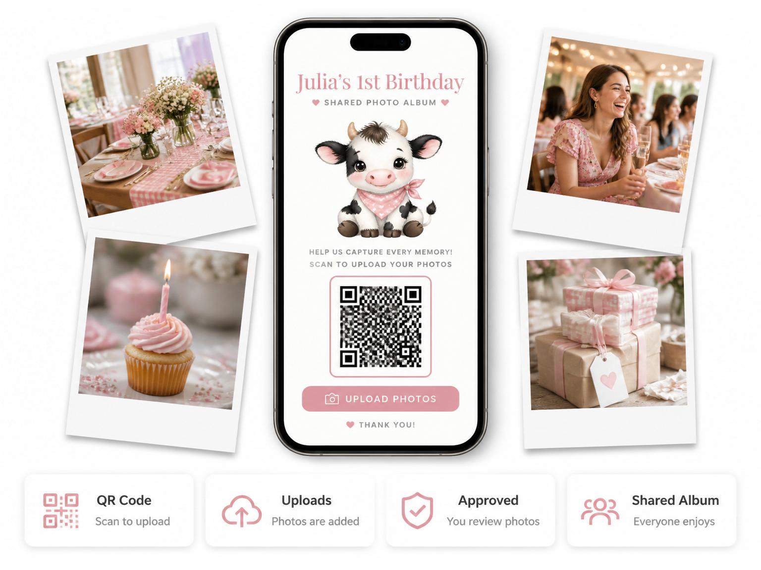 The shared photo gallery that comes with the Holy Cow First Birthday Party Invitation invitation