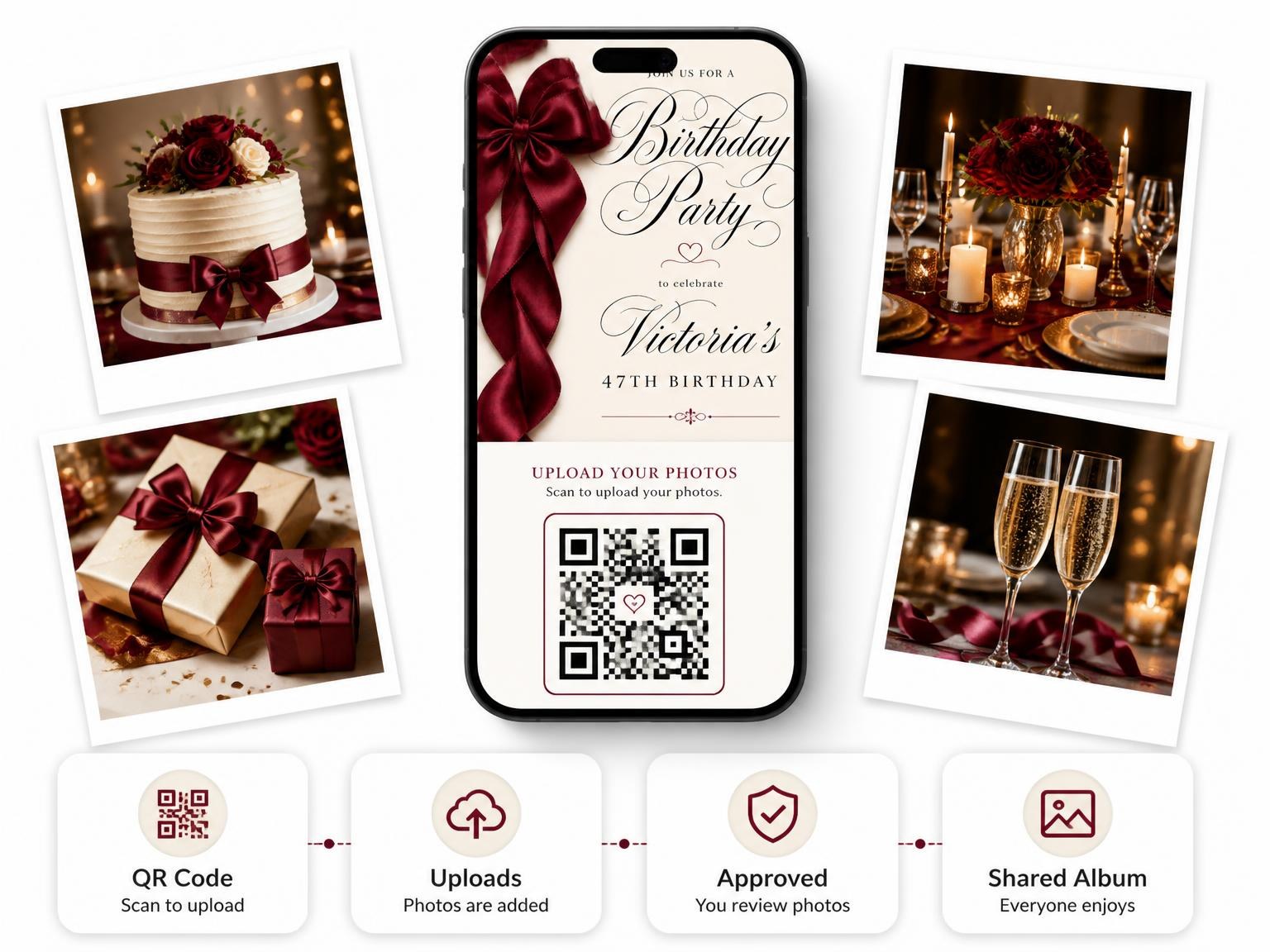The shared photo gallery that comes with the Burgundy Satin Bow 47th Birthday Invitation invitation