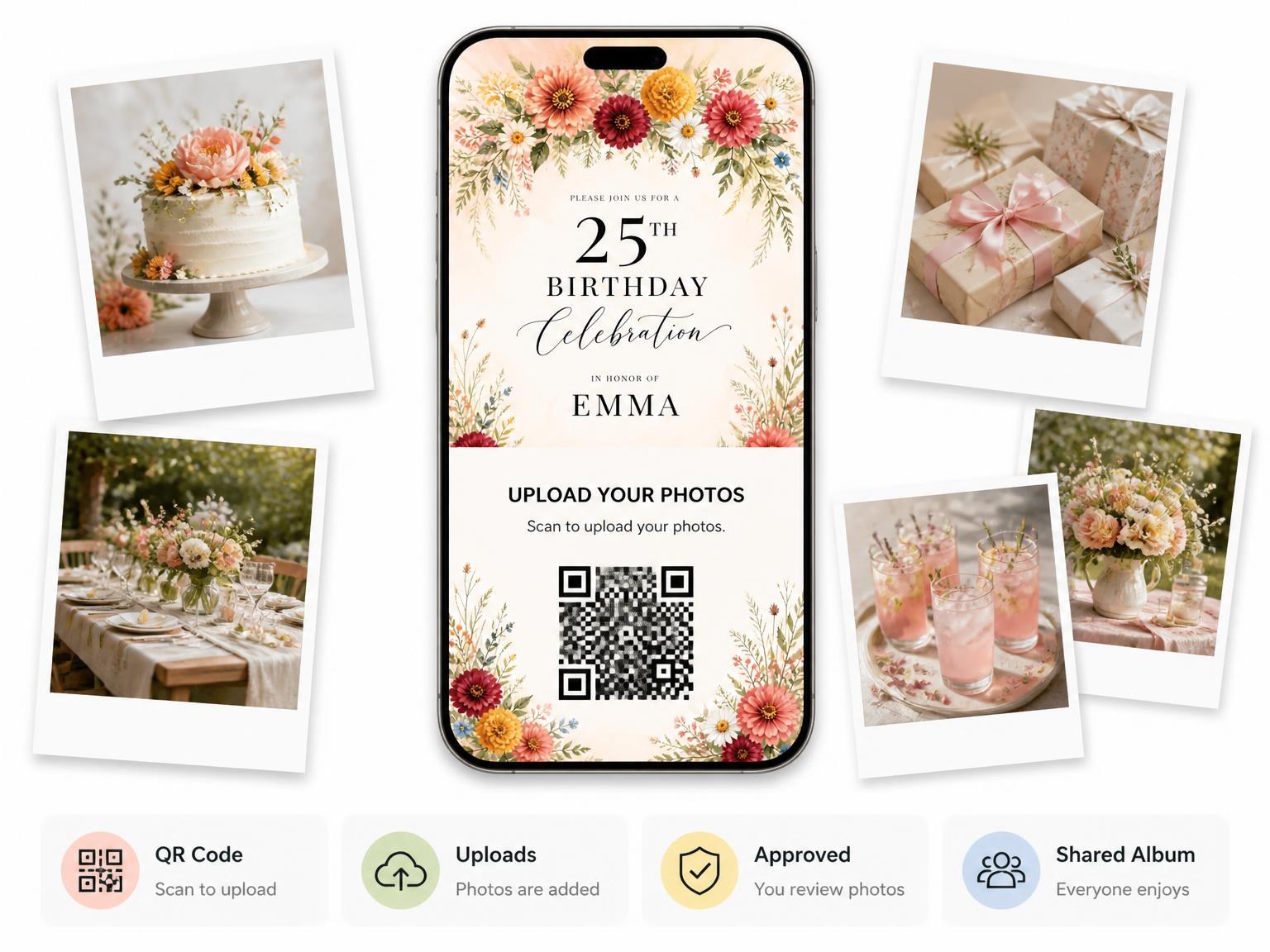 The shared photo gallery that comes with the Floral Arch Golden 25th Birthday Invitation invitation