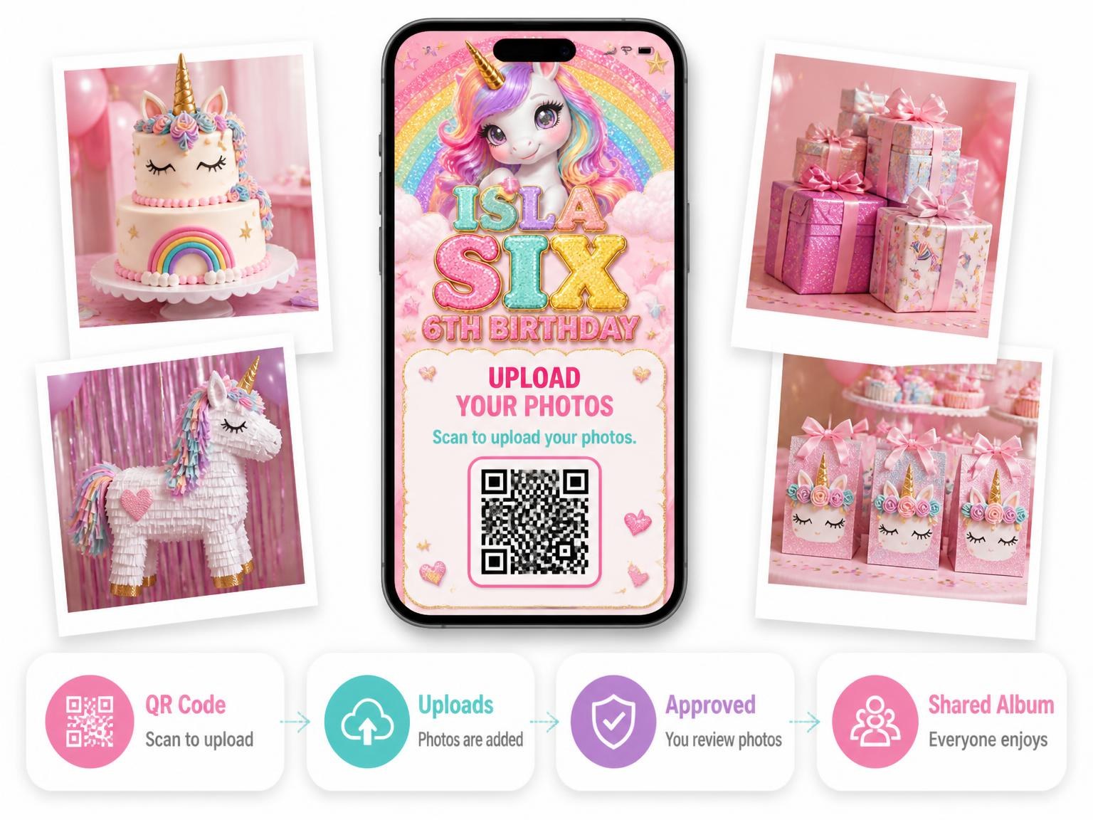 The shared photo gallery that comes with the Glitter Unicorn 6th Birthday Invitation invitation