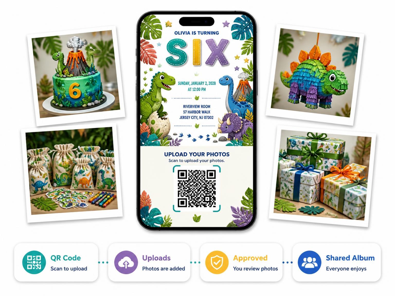 The shared photo gallery that comes with the Stitched Dinosaur 6th Birthday Invitation invitation