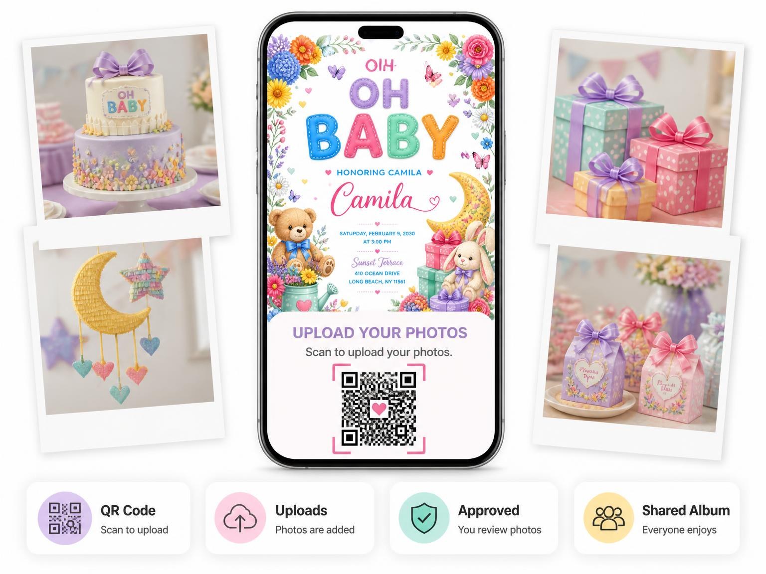 The shared photo gallery that comes with the Floral Garden Baby Shower Invitation invitation