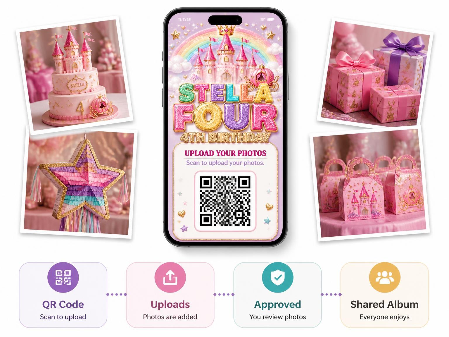 The shared photo gallery that comes with the Glitter Princess Castle 4th Birthday Invitation invitation