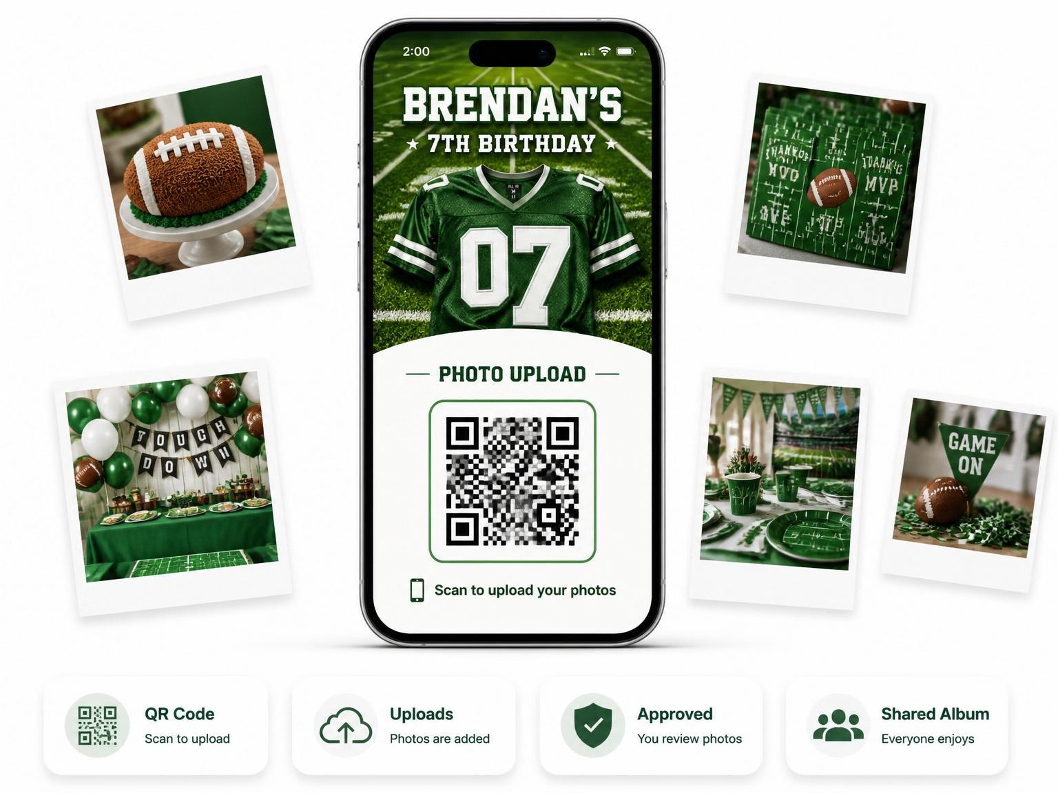 The shared photo gallery that comes with the Green Jersey Football 7th Birthday Party invitation