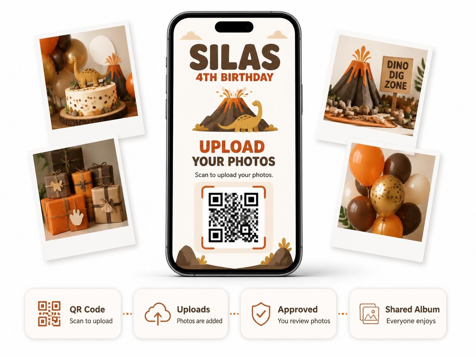 The shared photo gallery that comes with the Earthy Dinosaur Volcano 4th Birthday Invitation invitation