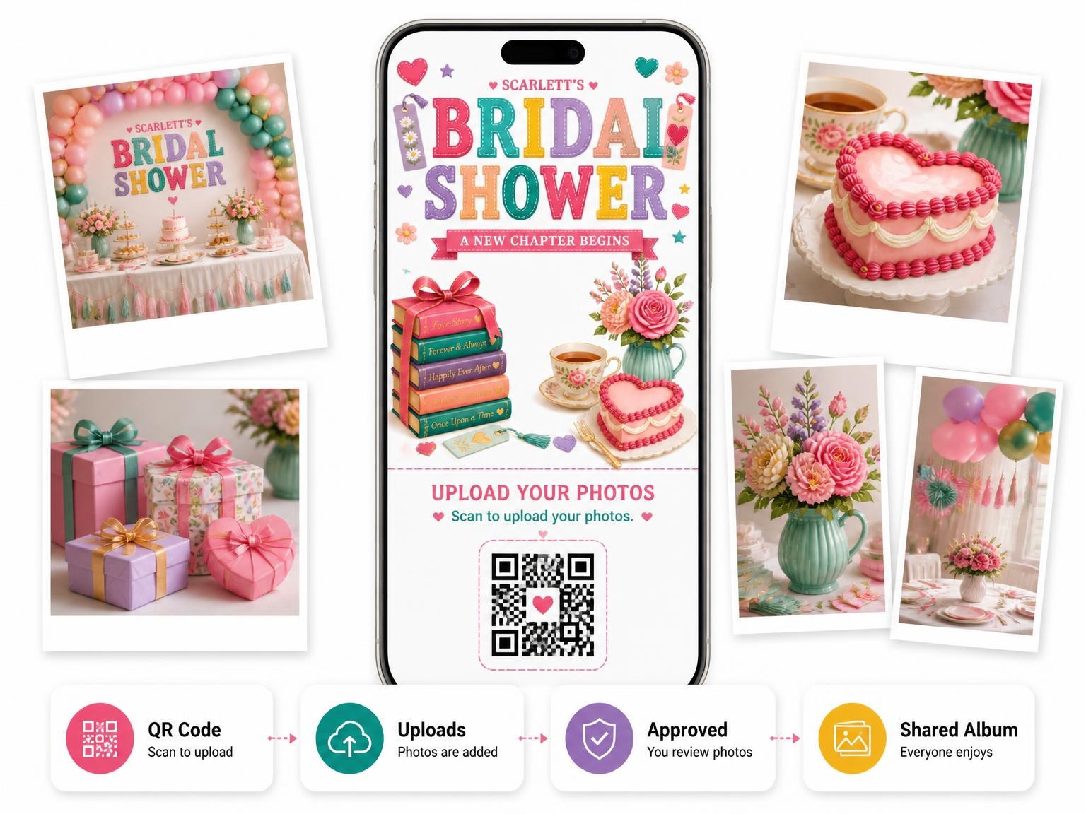 The shared photo gallery that comes with the Book Stack Bridal Shower Invitation invitation