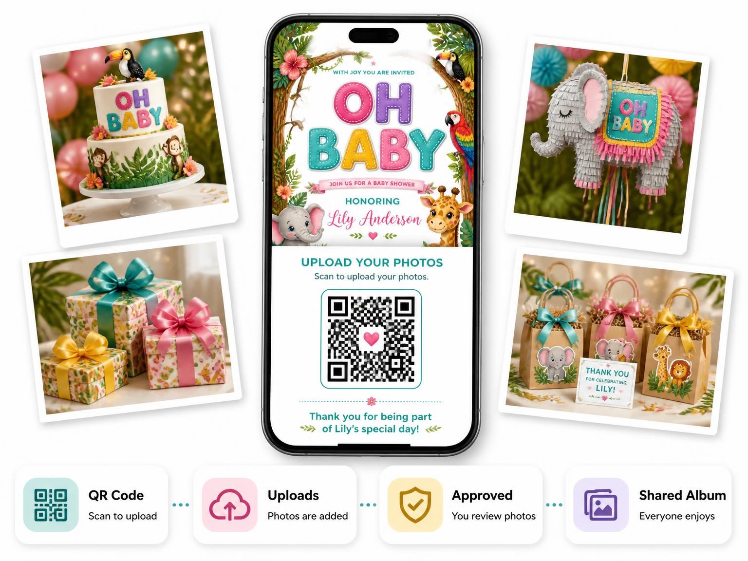 The shared photo gallery that comes with the Elephant Baby Shower Invitation invitation