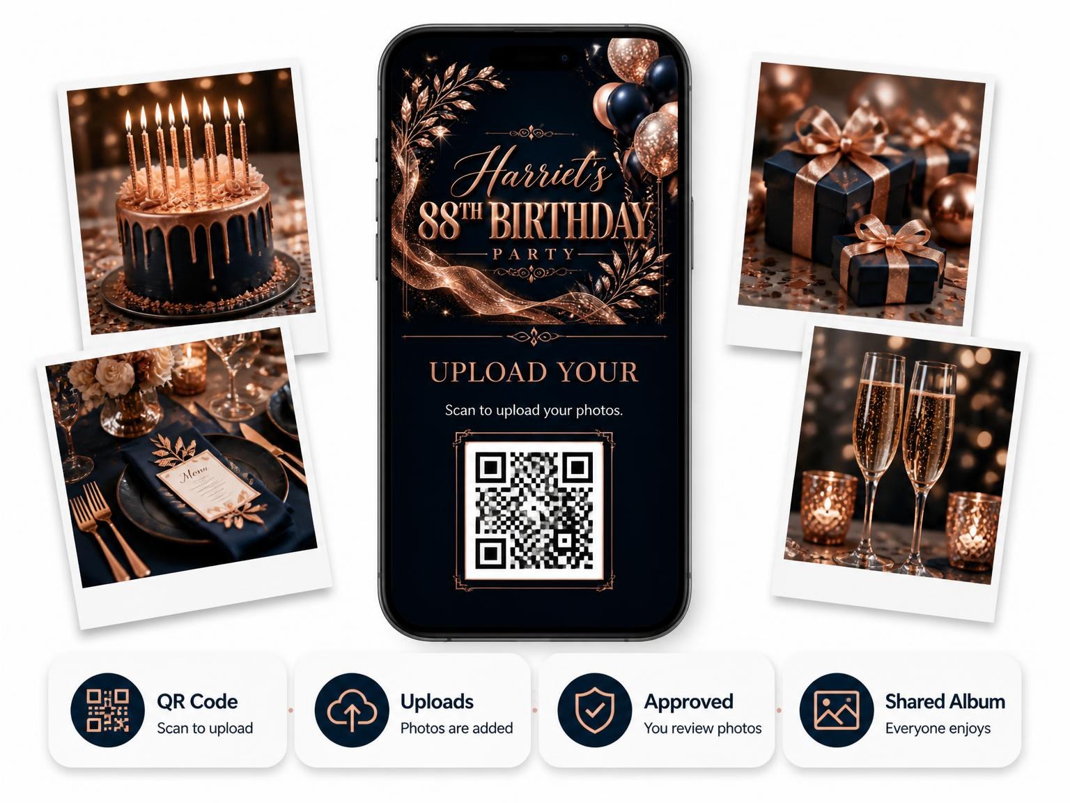 The shared photo gallery that comes with the Navy and Rose Gold 88th Birthday Invitation invitation