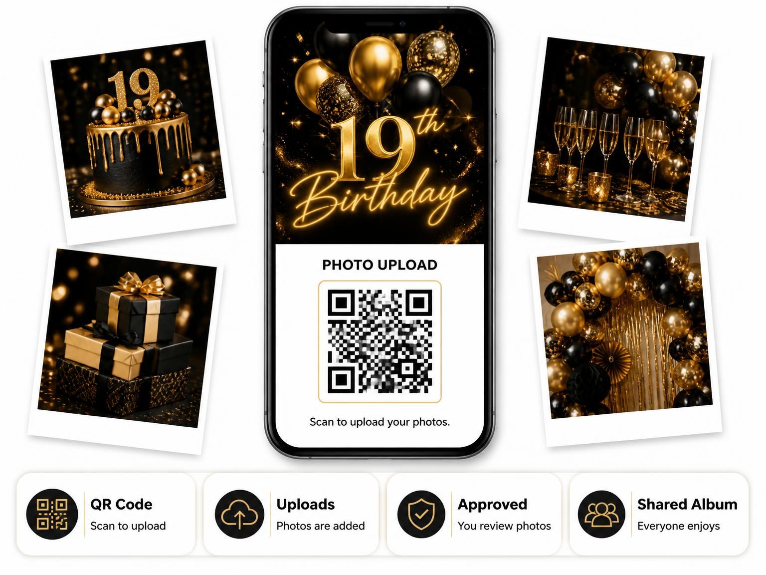 The shared photo gallery that comes with the Black and Gold Balloon 19th Birthday invitation