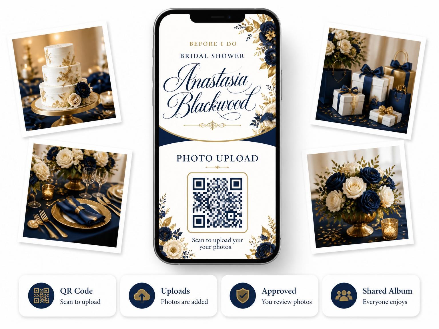 The shared photo gallery that comes with the Navy and Gold Rose Bridal Shower invitation
