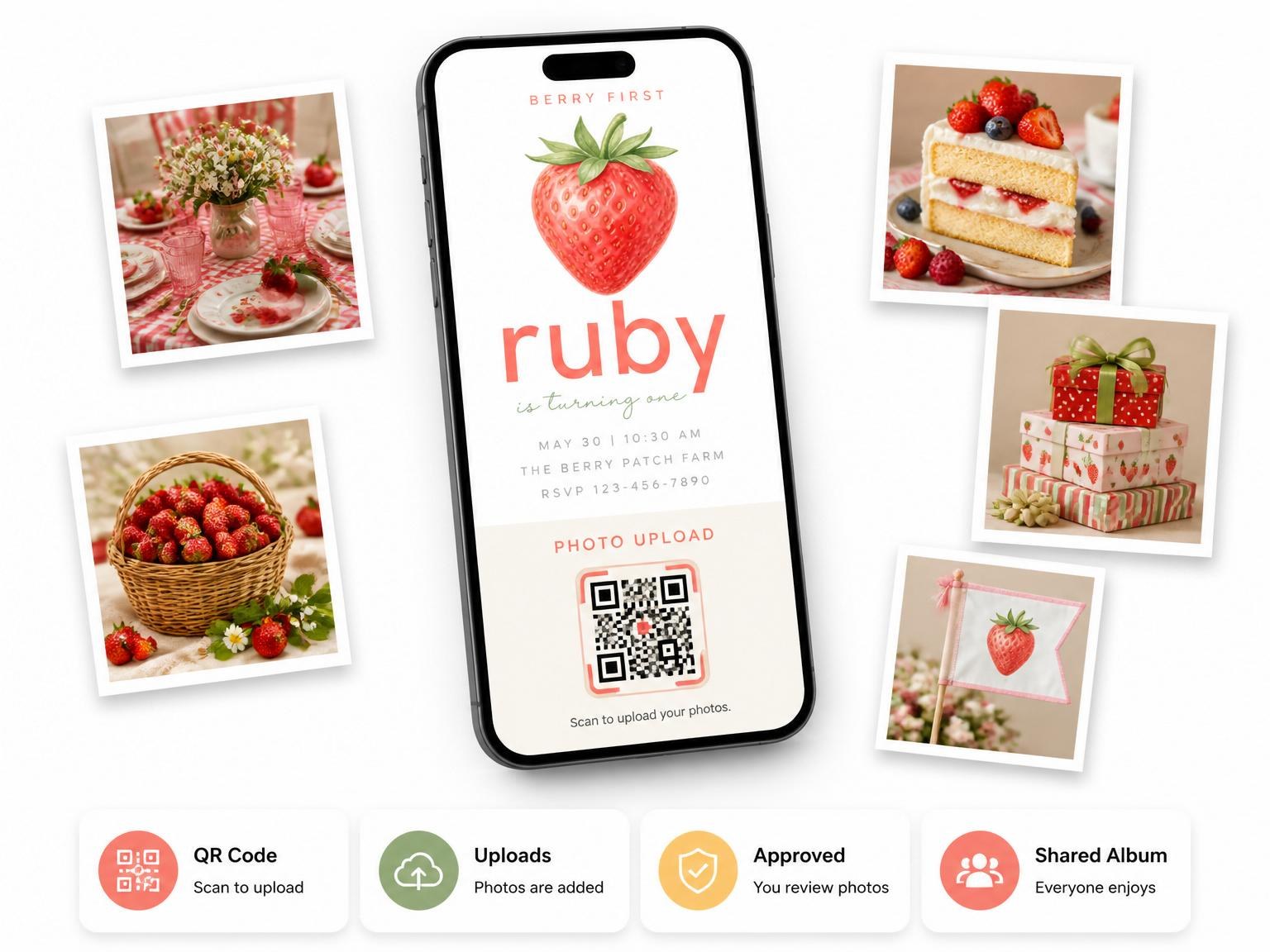 The shared photo gallery that comes with the Watercolor Strawberry First Birthday Invitation invitation