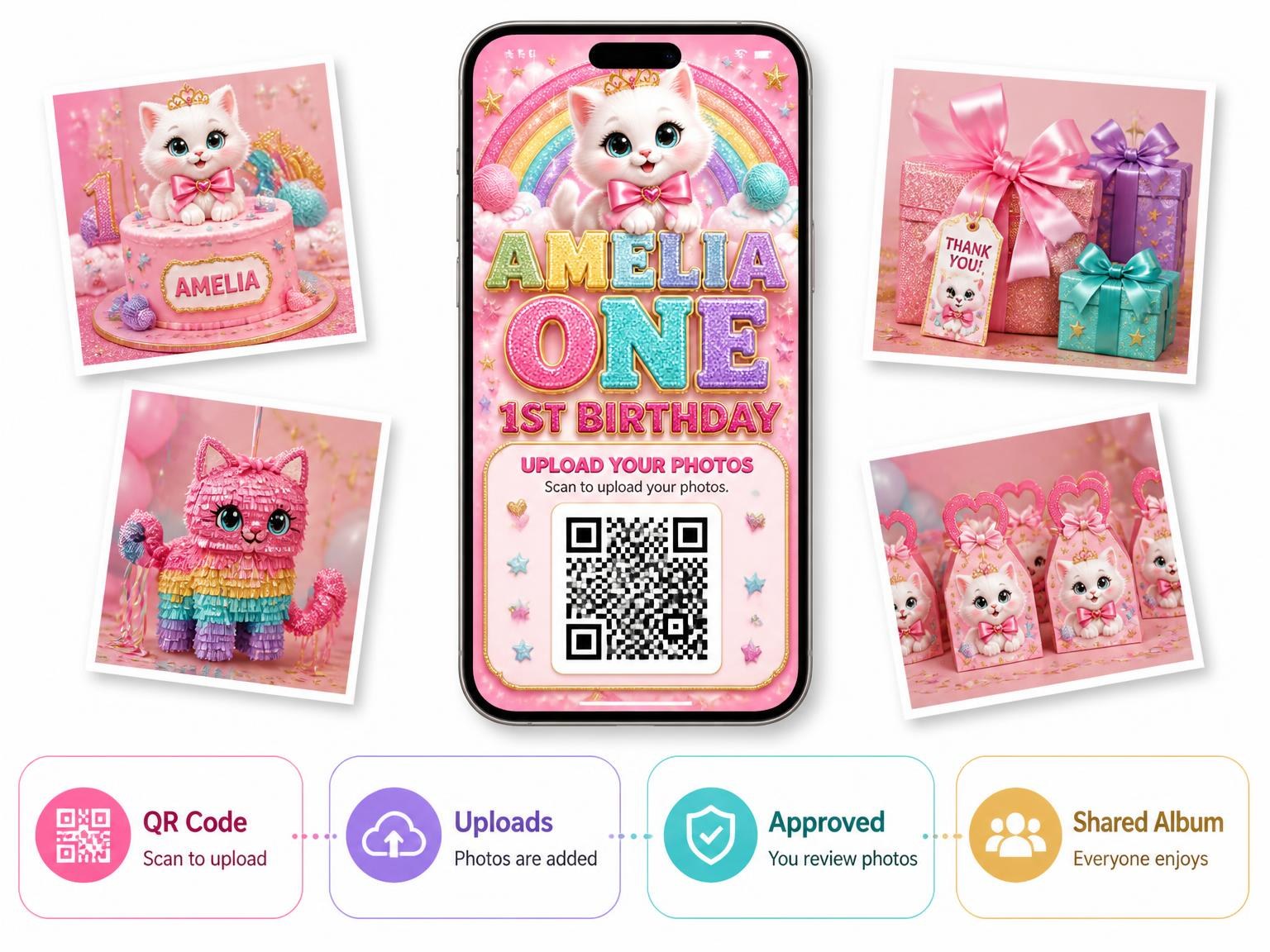 The shared photo gallery that comes with the Glitter Kitty Cat 1st Birthday Invitation invitation