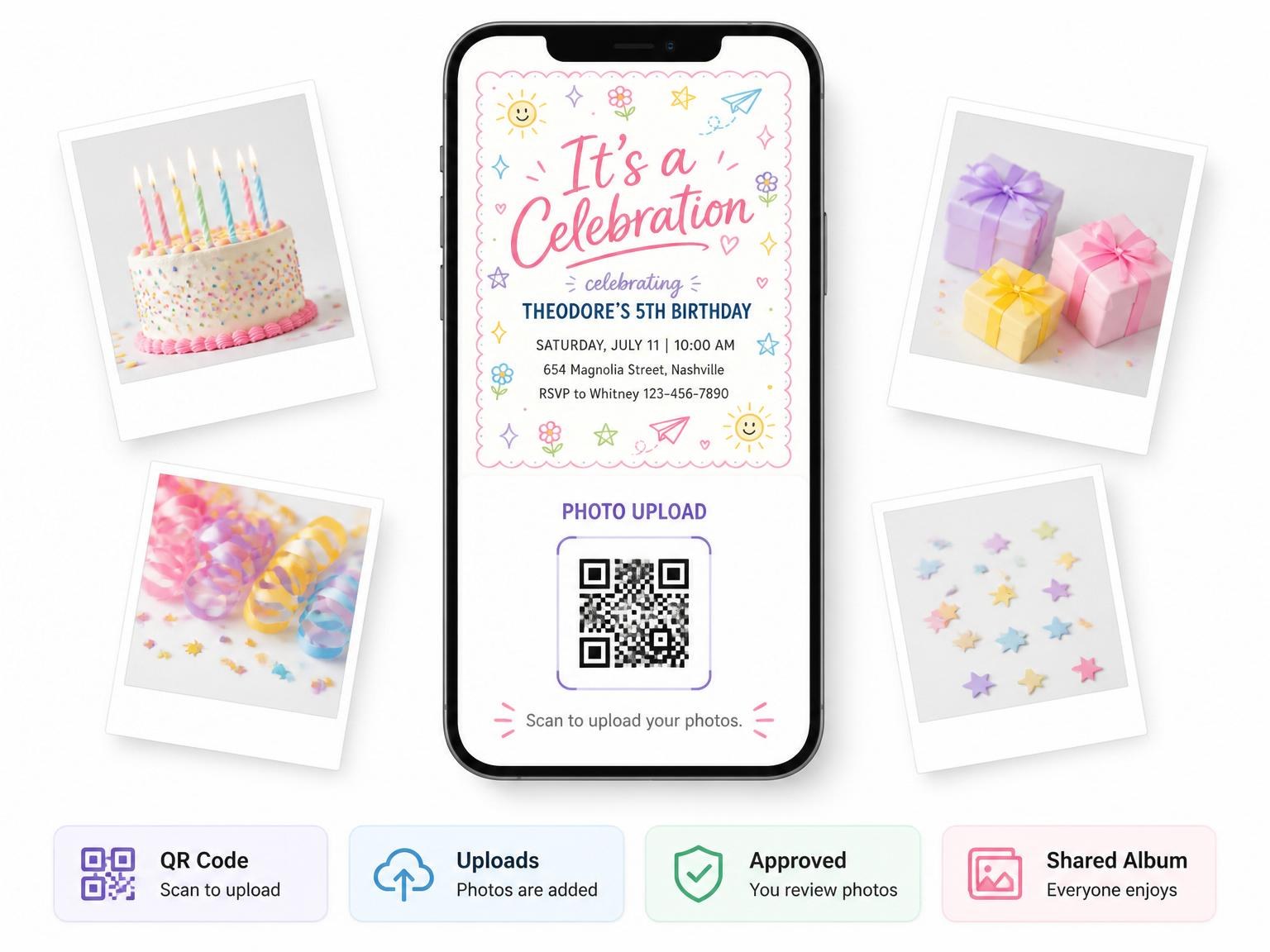 The shared photo gallery that comes with the Whimsical Pink 5th Birthday Invitation invitation