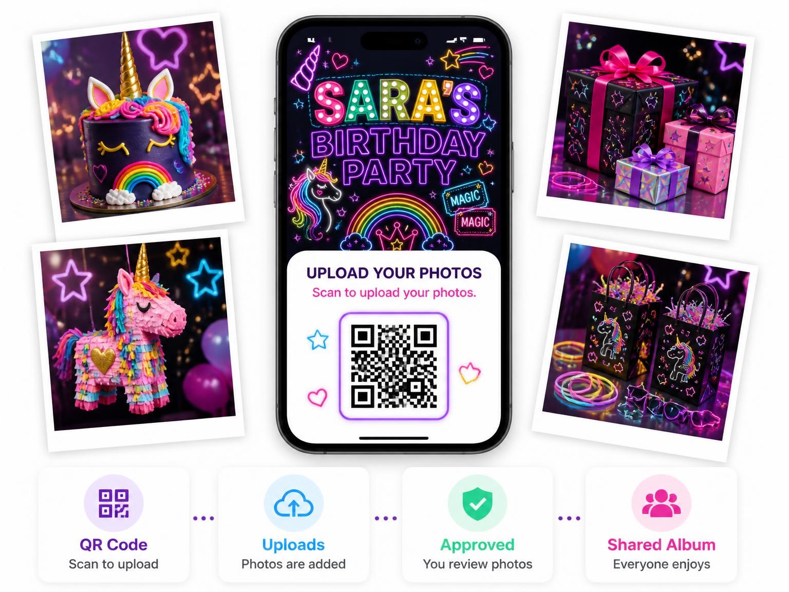 The shared photo gallery that comes with the Neon Unicorn 15th Birthday Invitation invitation
