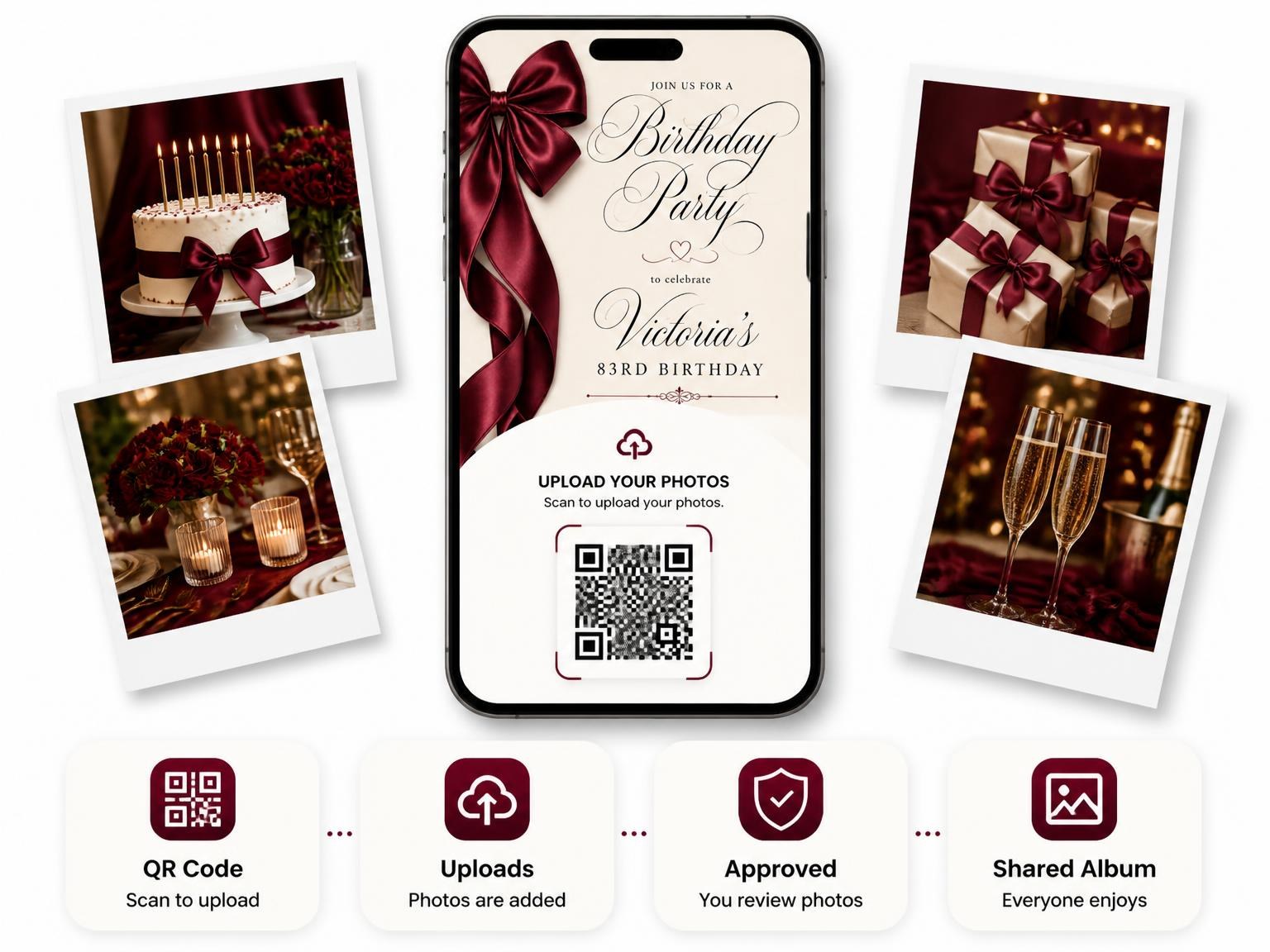 The shared photo gallery that comes with the Burgundy Satin Bow 83rd Birthday Invitation invitation