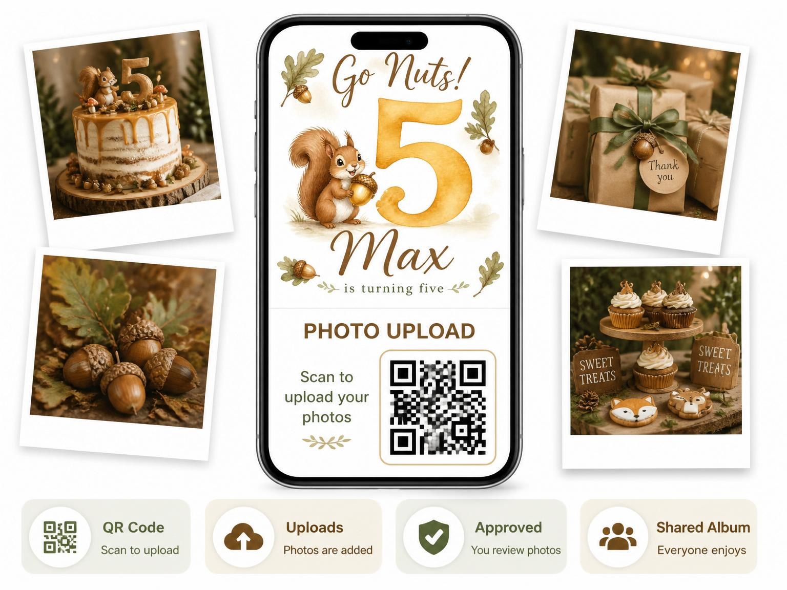 The shared photo gallery that comes with the Watercolor Squirrel Acorn 5th Birthday invitation