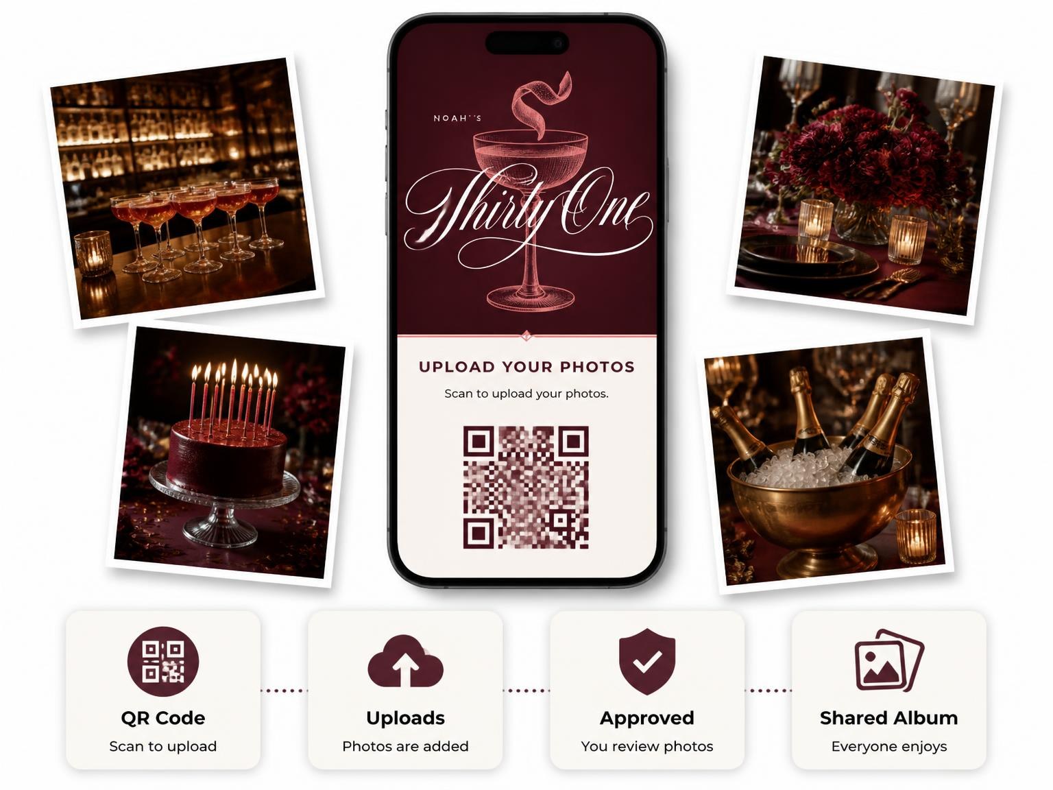 The shared photo gallery that comes with the Burgundy Cocktail 31st Birthday Invitation invitation