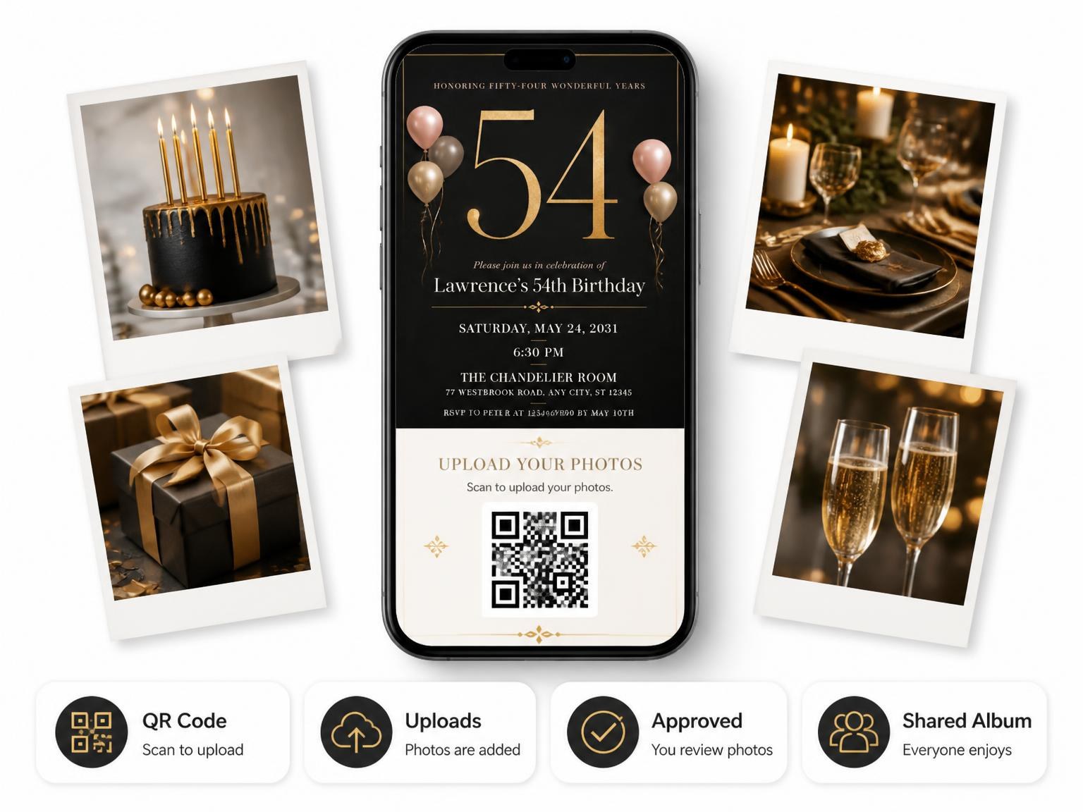 The shared photo gallery that comes with the Charcoal and Blush 54th Birthday Invitation invitation