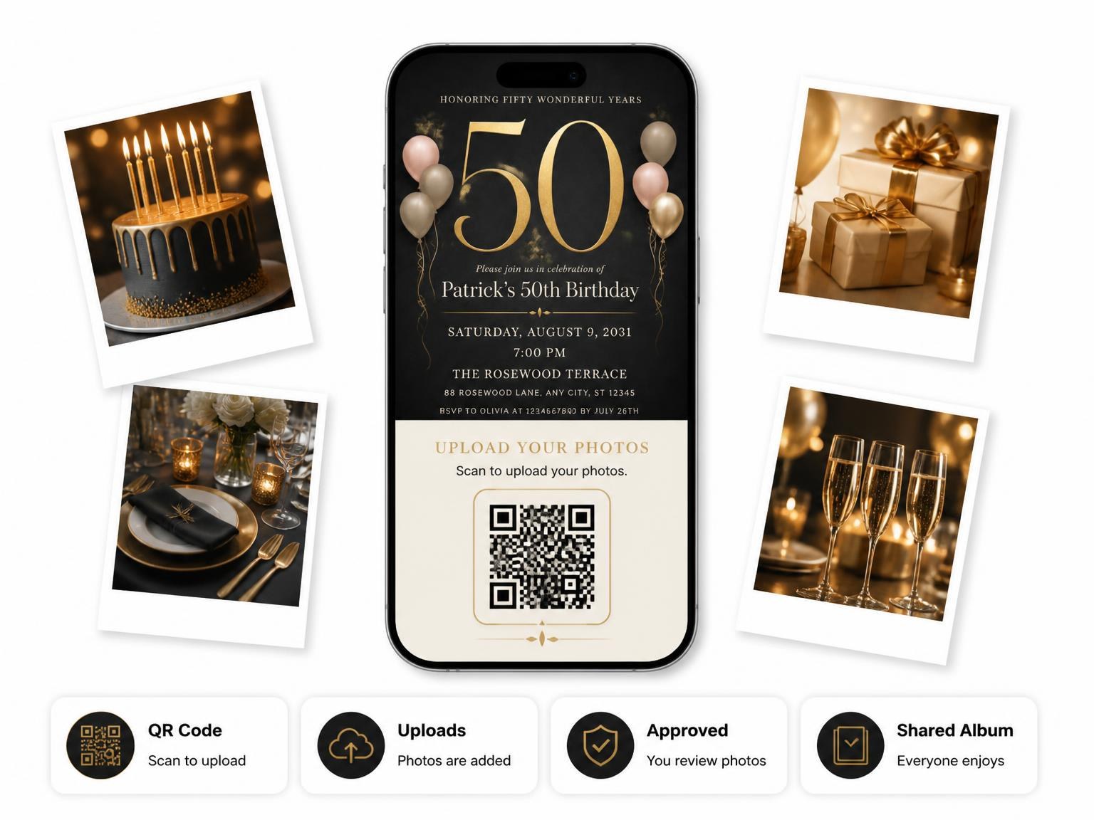 The shared photo gallery that comes with the Charcoal and Blush 50th Birthday Invitation invitation