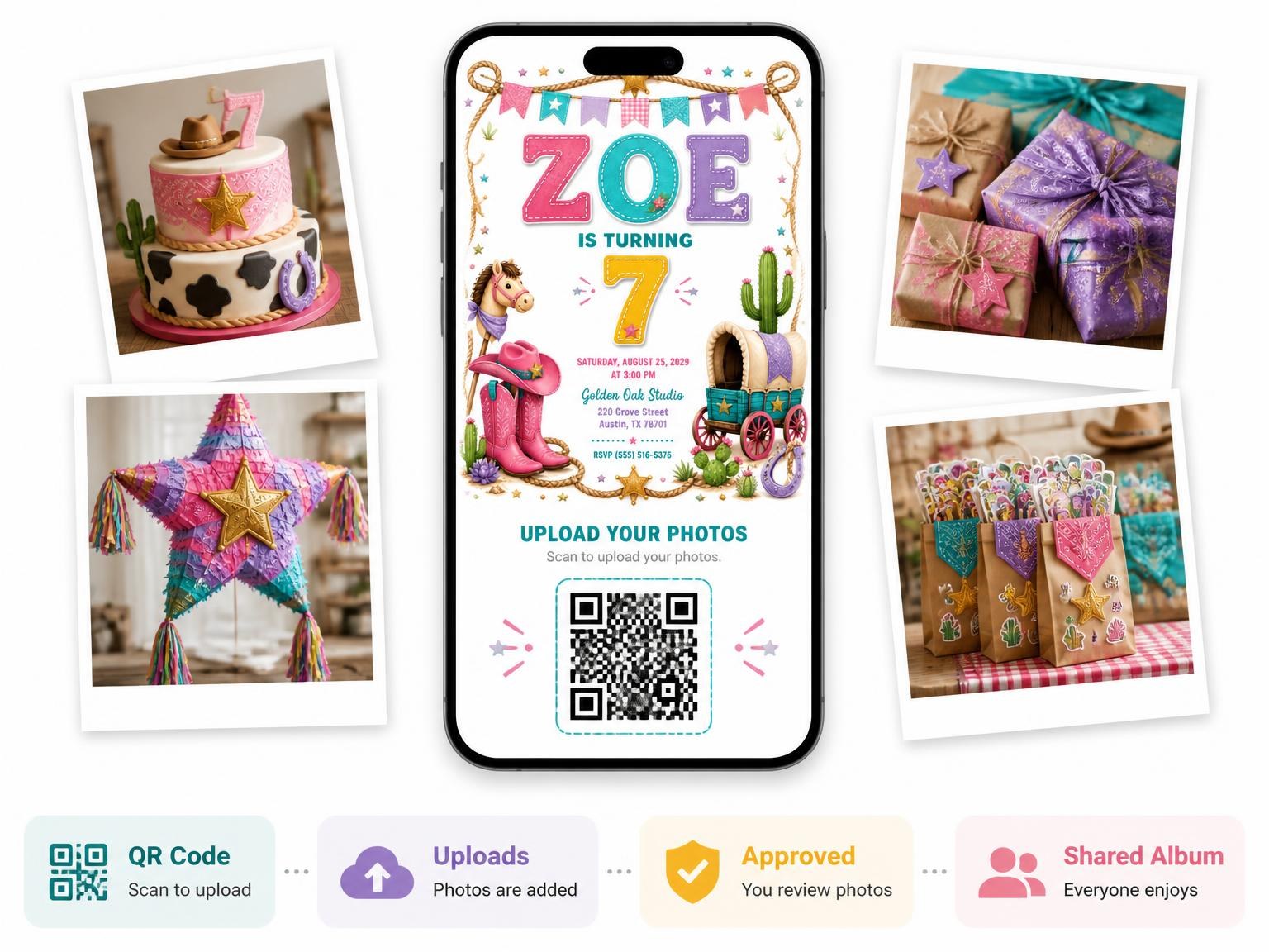 The shared photo gallery that comes with the Stitched Cowboy 7th Birthday Invitation invitation
