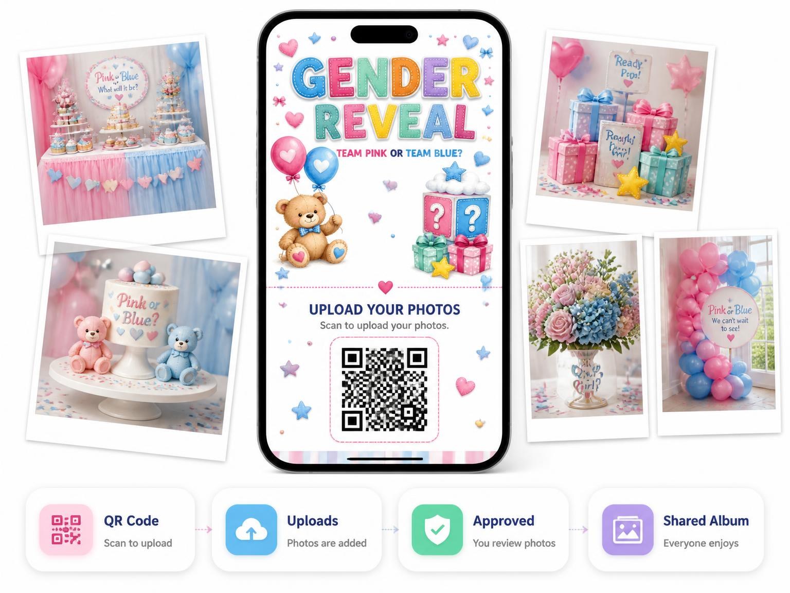 The shared photo gallery that comes with the Stitched Teddy Bear Gender Reveal Invitation invitation