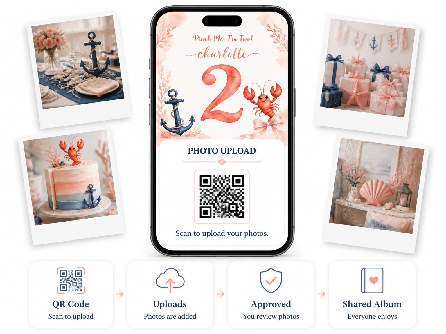 The shared photo gallery that comes with the Watercolor Lobster Anchor 2nd Birthday Invitation invitation