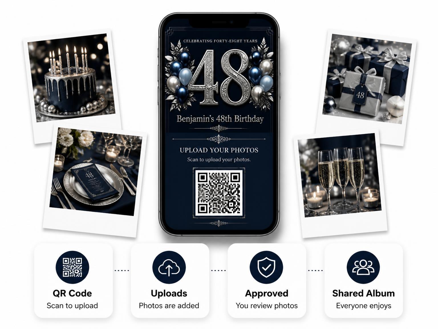 The shared photo gallery that comes with the Navy and Silver 48th Birthday Invitation invitation