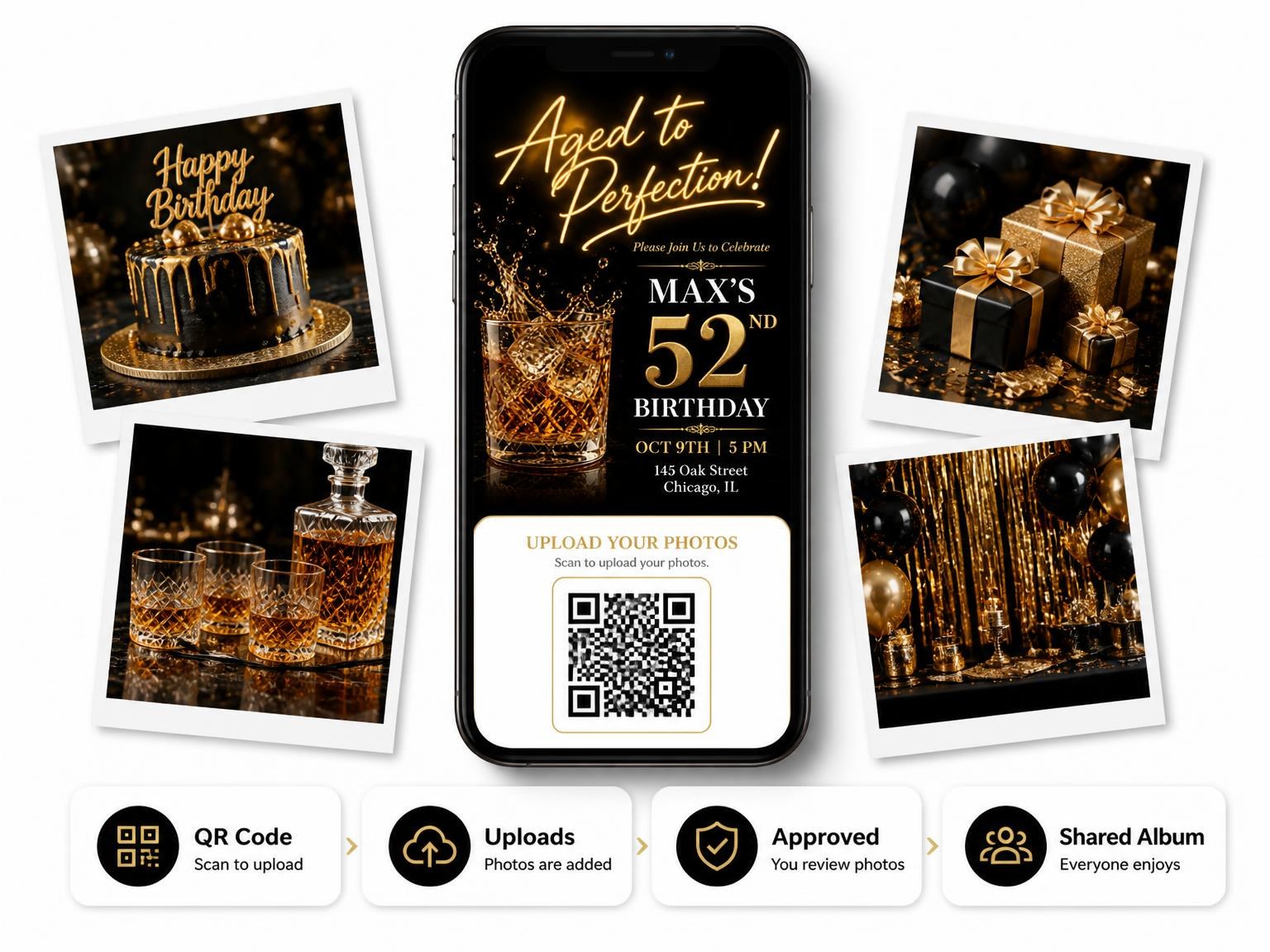 The shared photo gallery that comes with the Crystal Whiskey 52nd Birthday Invitation invitation