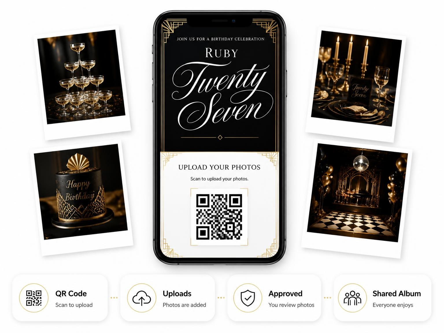 The shared photo gallery that comes with the Art Deco 27th Birthday Invitation invitation