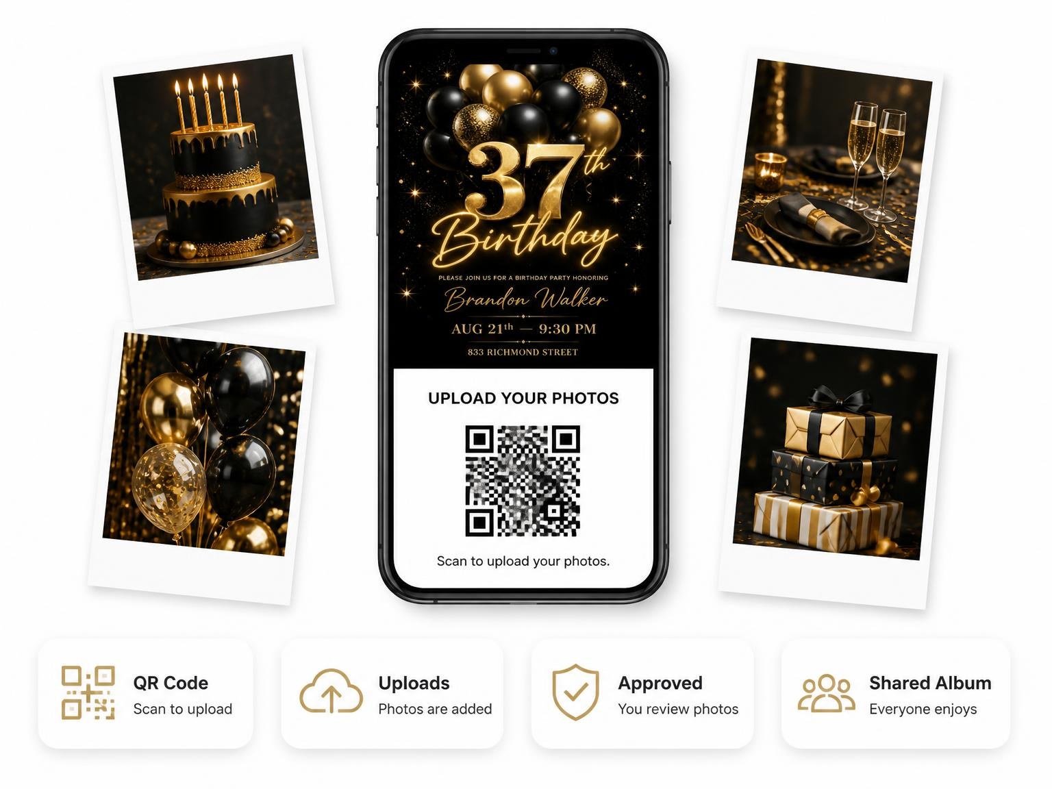 The shared photo gallery that comes with the Black and Gold Balloon 37th Birthday invitation