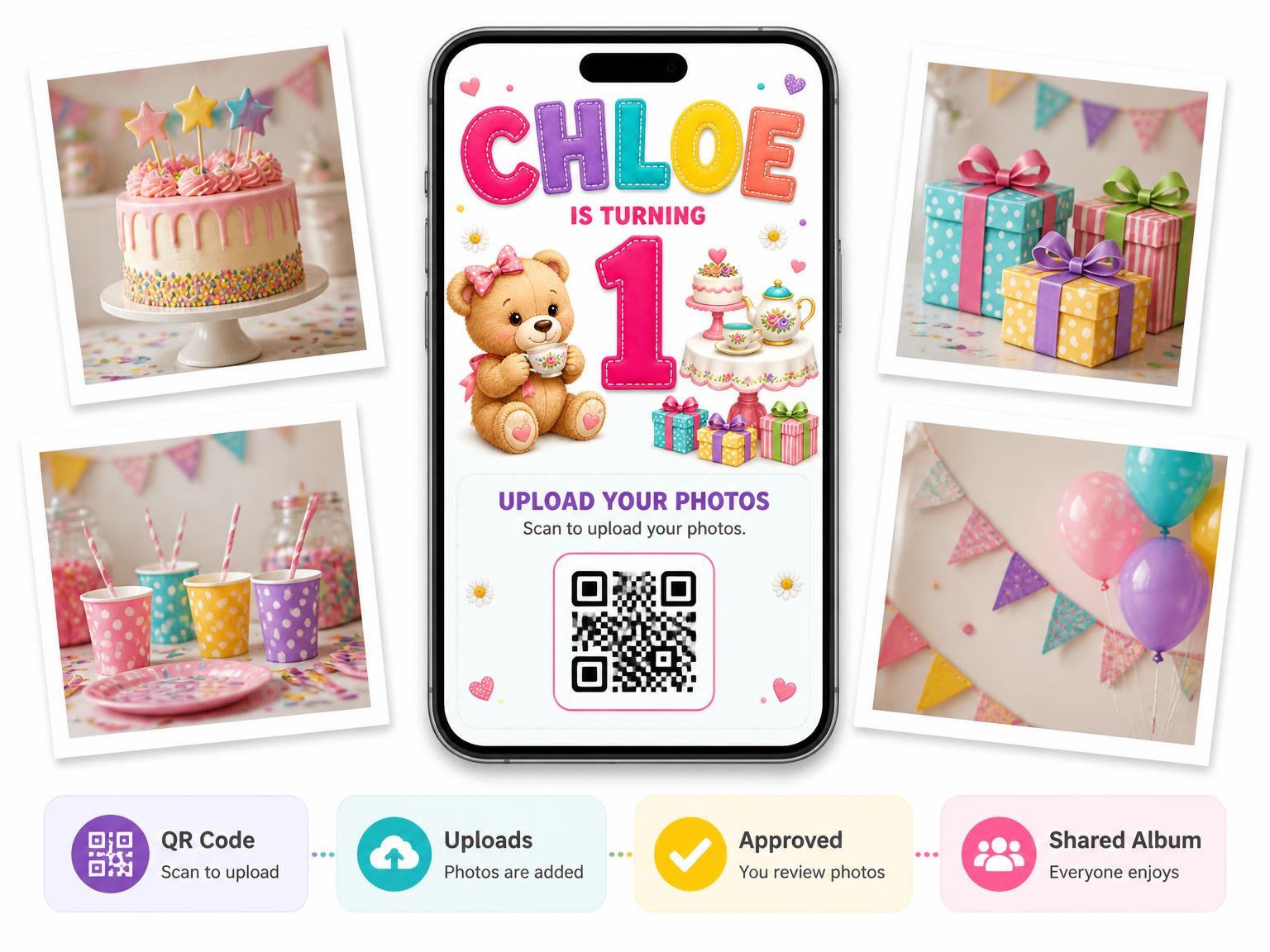 The shared photo gallery that comes with the Stitched Teddy Bear Tea Party 1st Birthday Invitation invitation