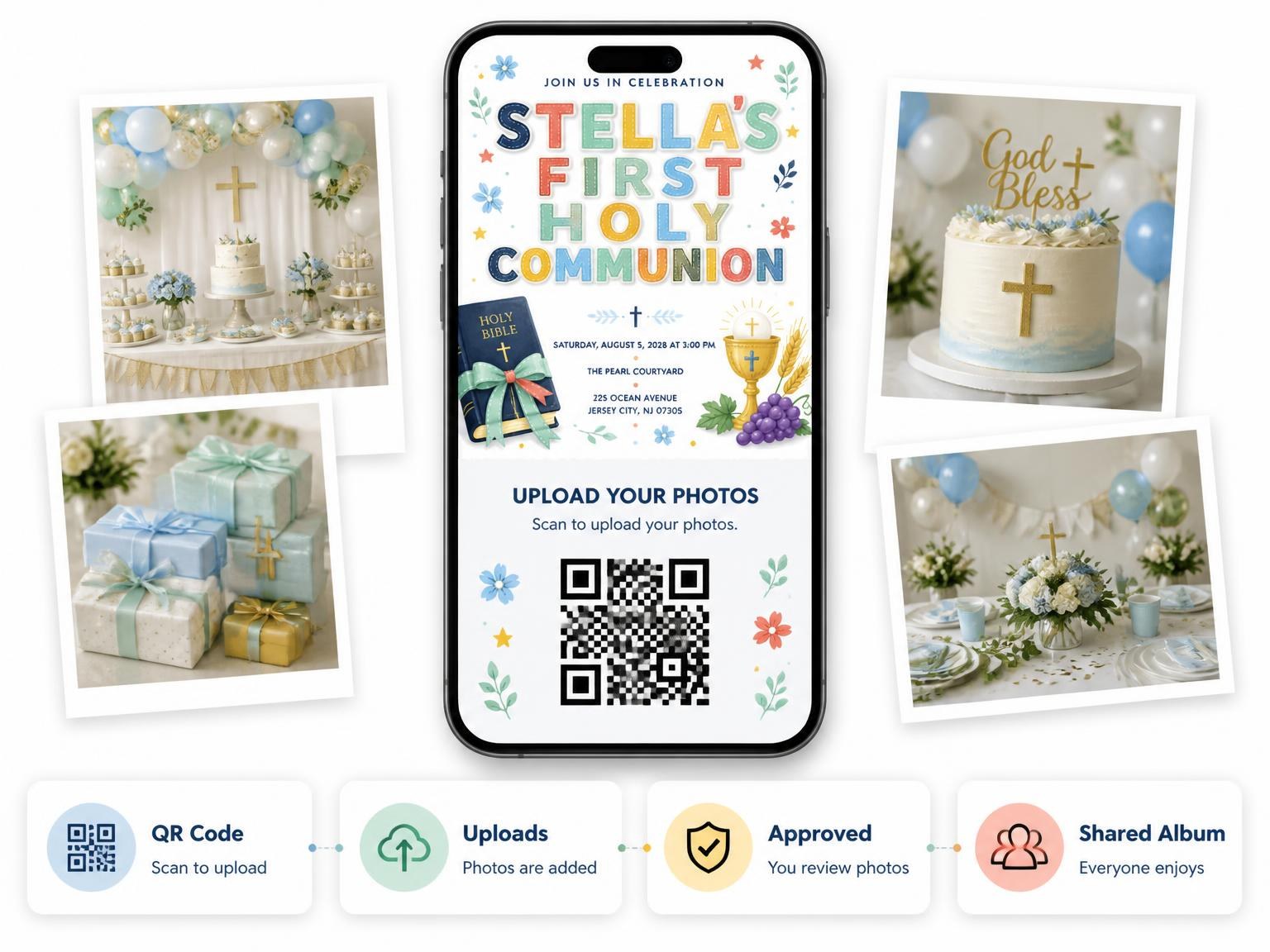 The shared photo gallery that comes with the Bible First Holy Communion Invitation invitation