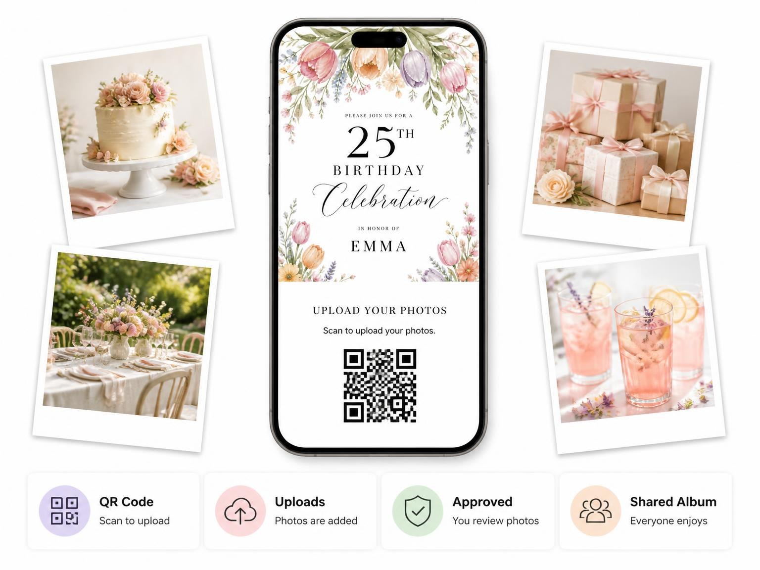 The shared photo gallery that comes with the Pastel Botanical Tulip 25th Birthday Invitation invitation