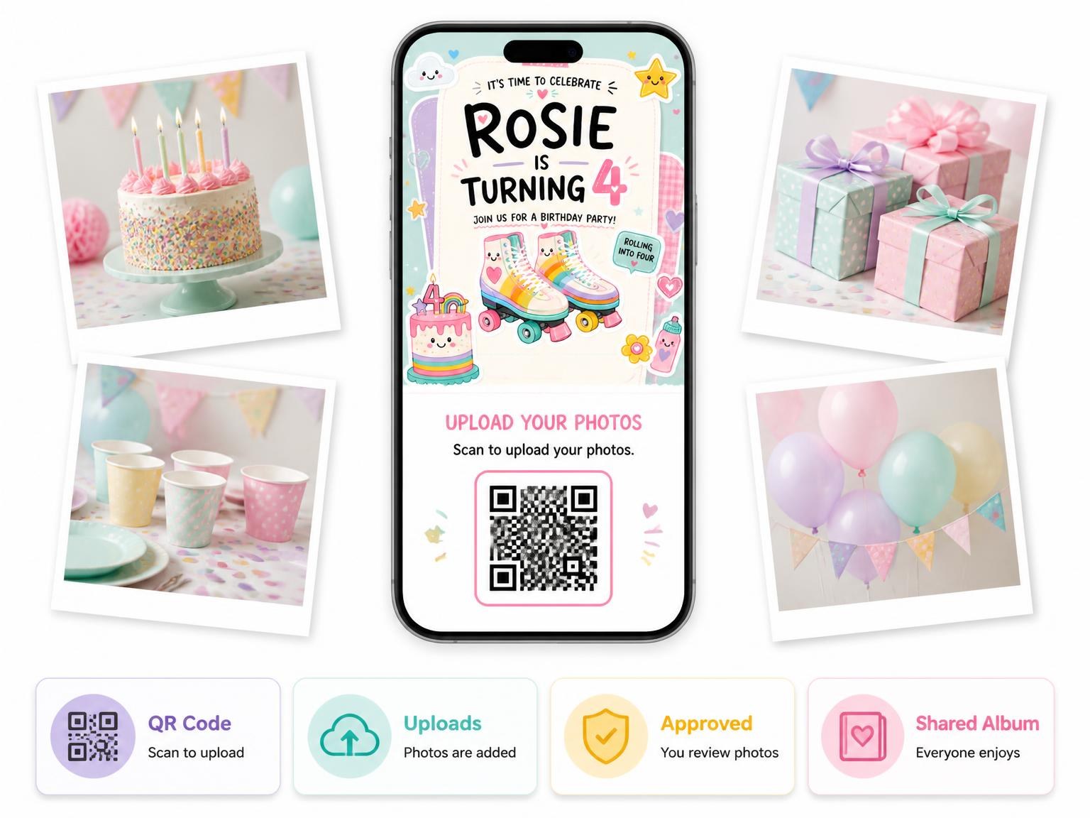 The shared photo gallery that comes with the Roller Skates Pastel 4th Birthday Invitation invitation