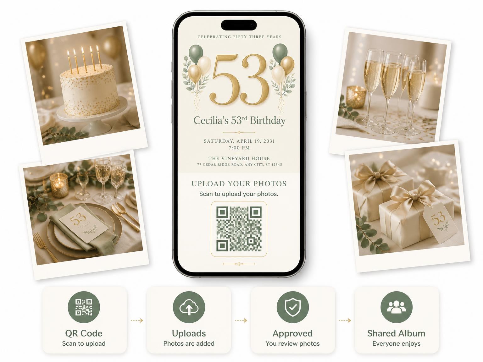 The shared photo gallery that comes with the Sage and Ivory 53rd Birthday Invitation invitation