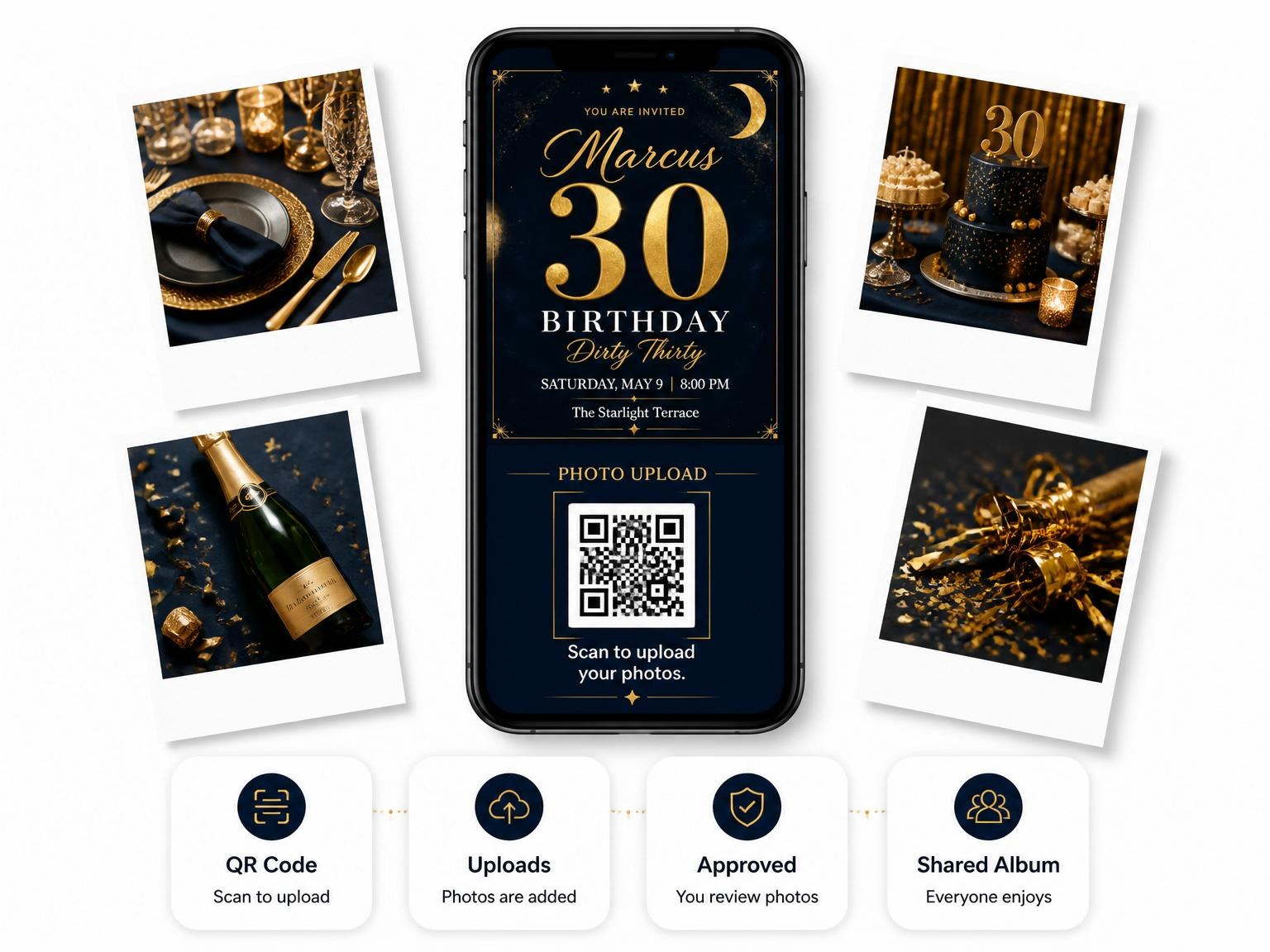 The shared photo gallery that comes with the Midnight Navy Gold Star 30th Birthday invitation