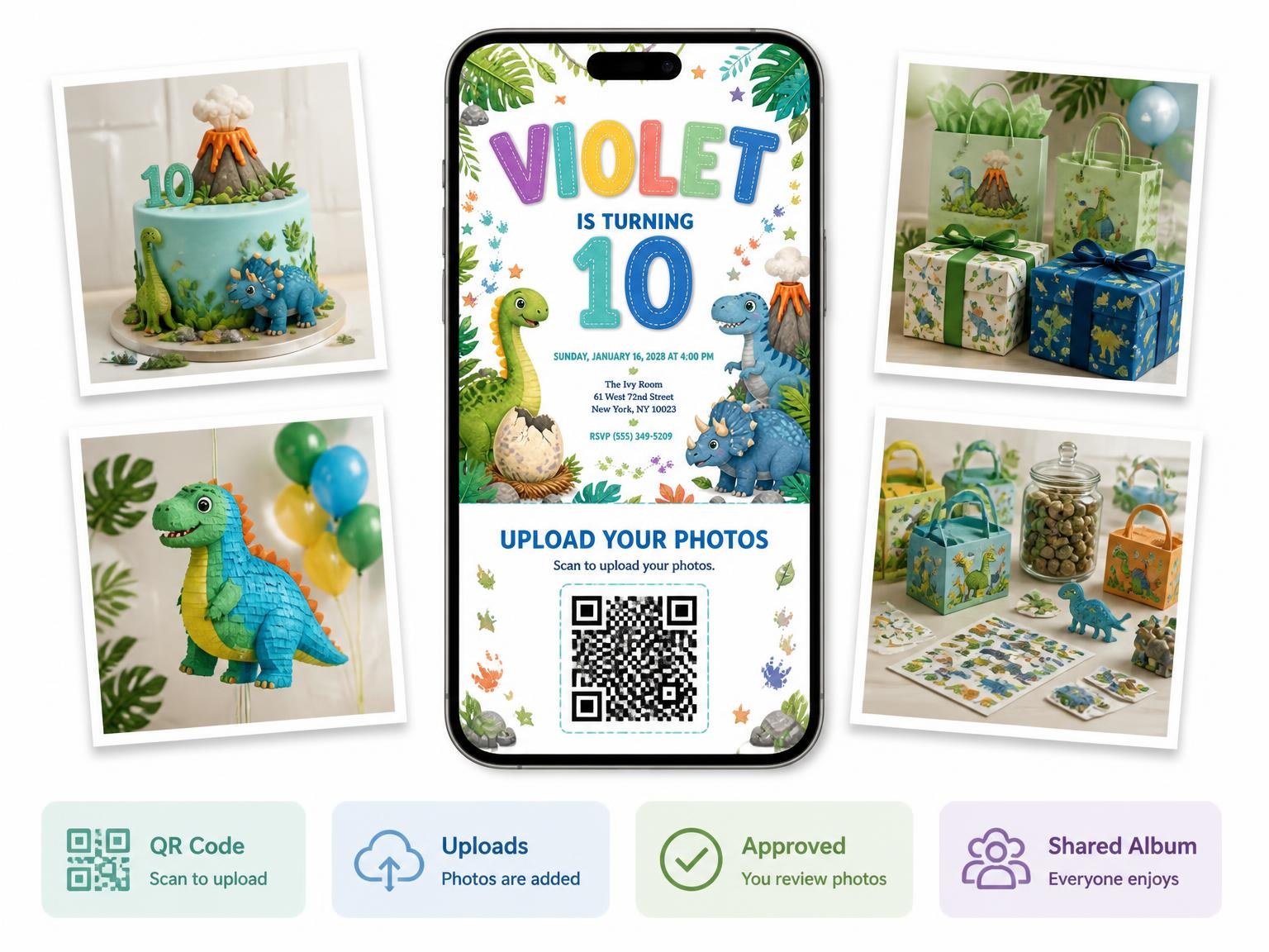 The shared photo gallery that comes with the Stitched Dinosaur 10th Birthday Invitation invitation