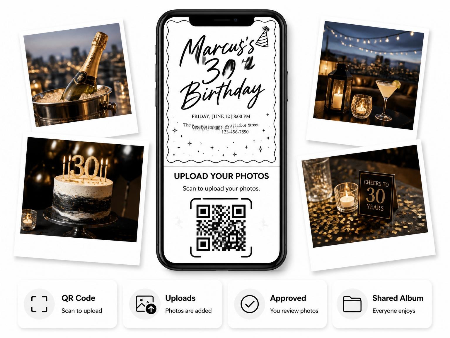 The shared photo gallery that comes with the Black and White Scalloped 30th Birthday invitation