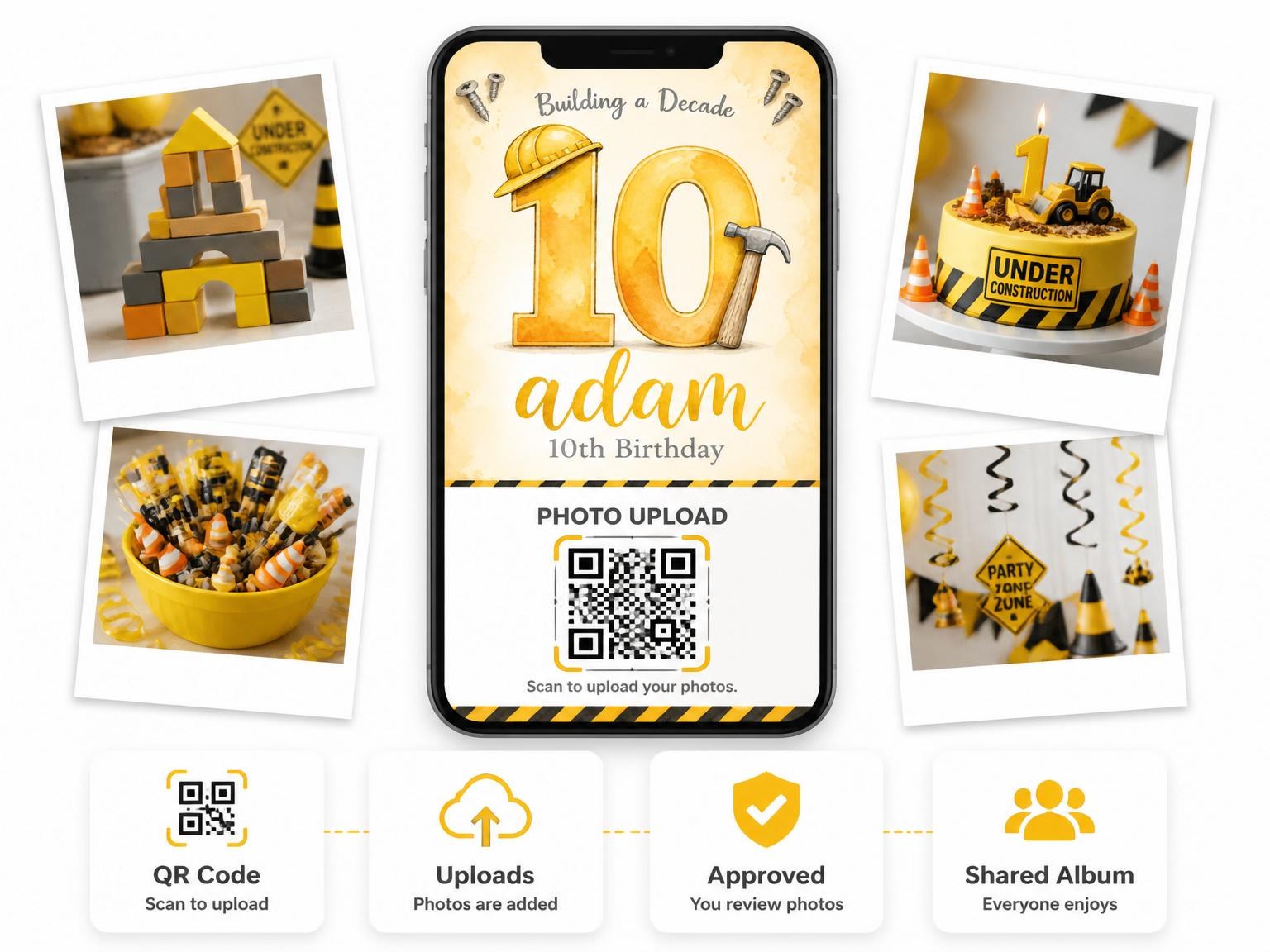 The shared photo gallery that comes with the Watercolor Construction Tools 10th Birthday invitation