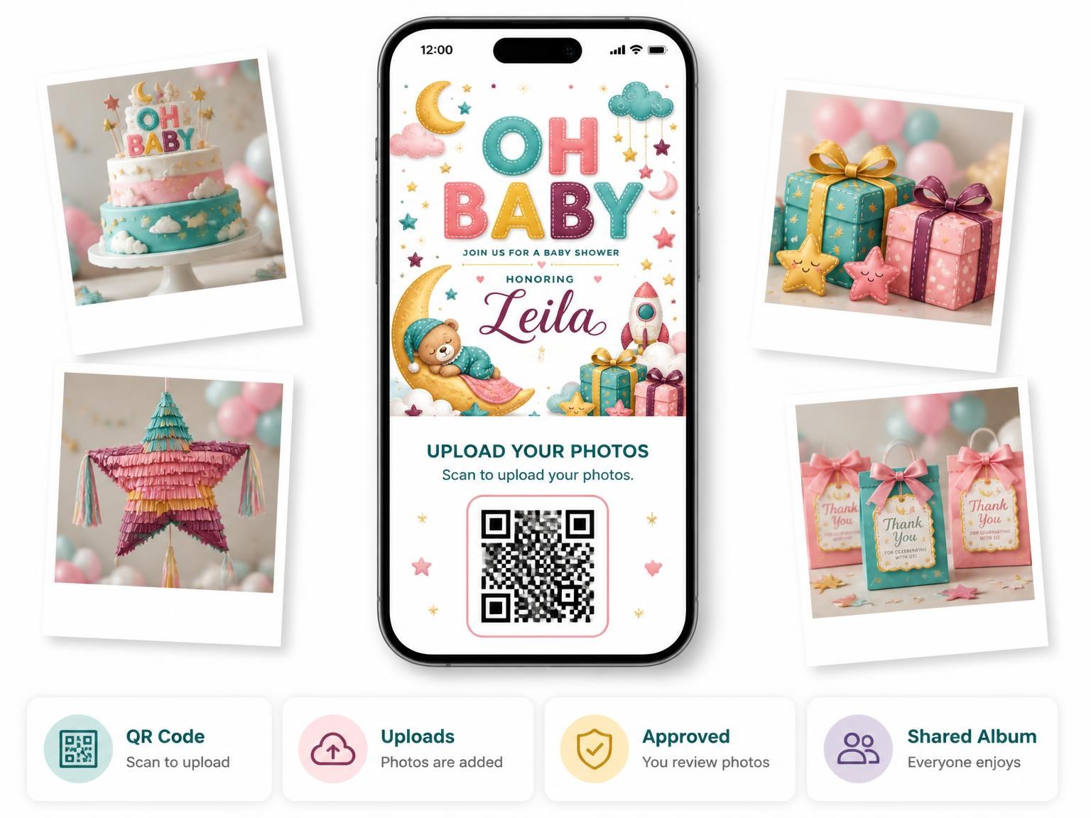 The shared photo gallery that comes with the Hanging Stars Baby Shower Invitation invitation