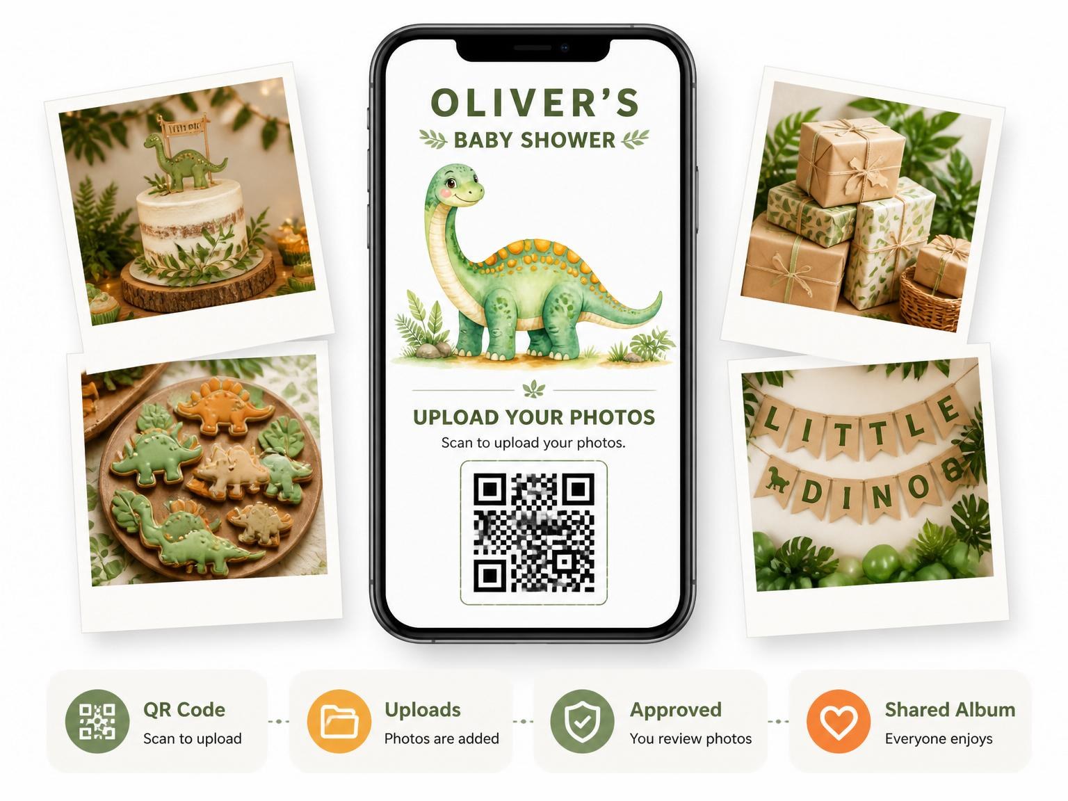 The shared photo gallery that comes with the Watercolor Dinosaur Earth Tone Baby Shower invitation