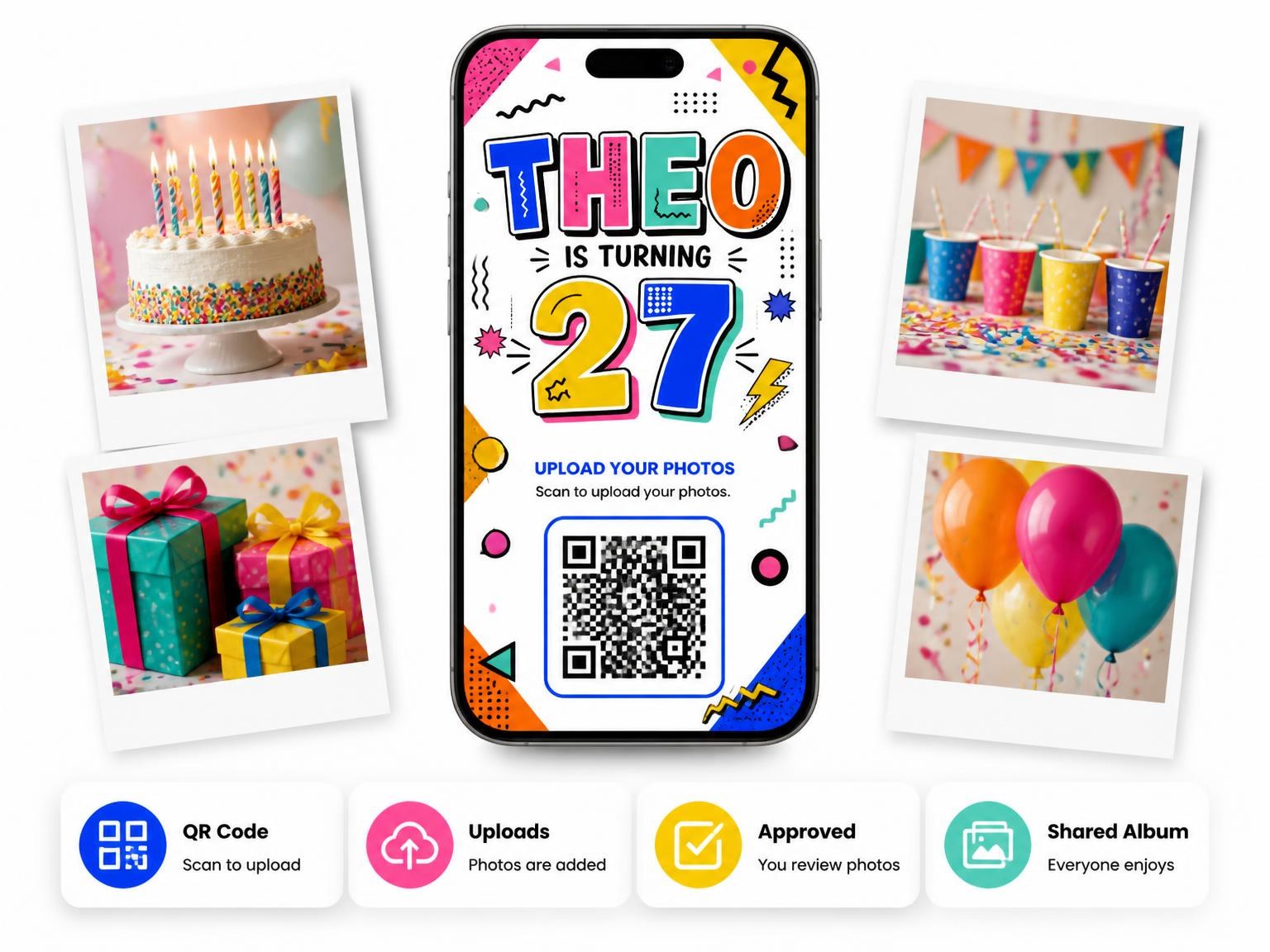 The shared photo gallery that comes with the Memphis Pop 27th Birthday Invitation invitation