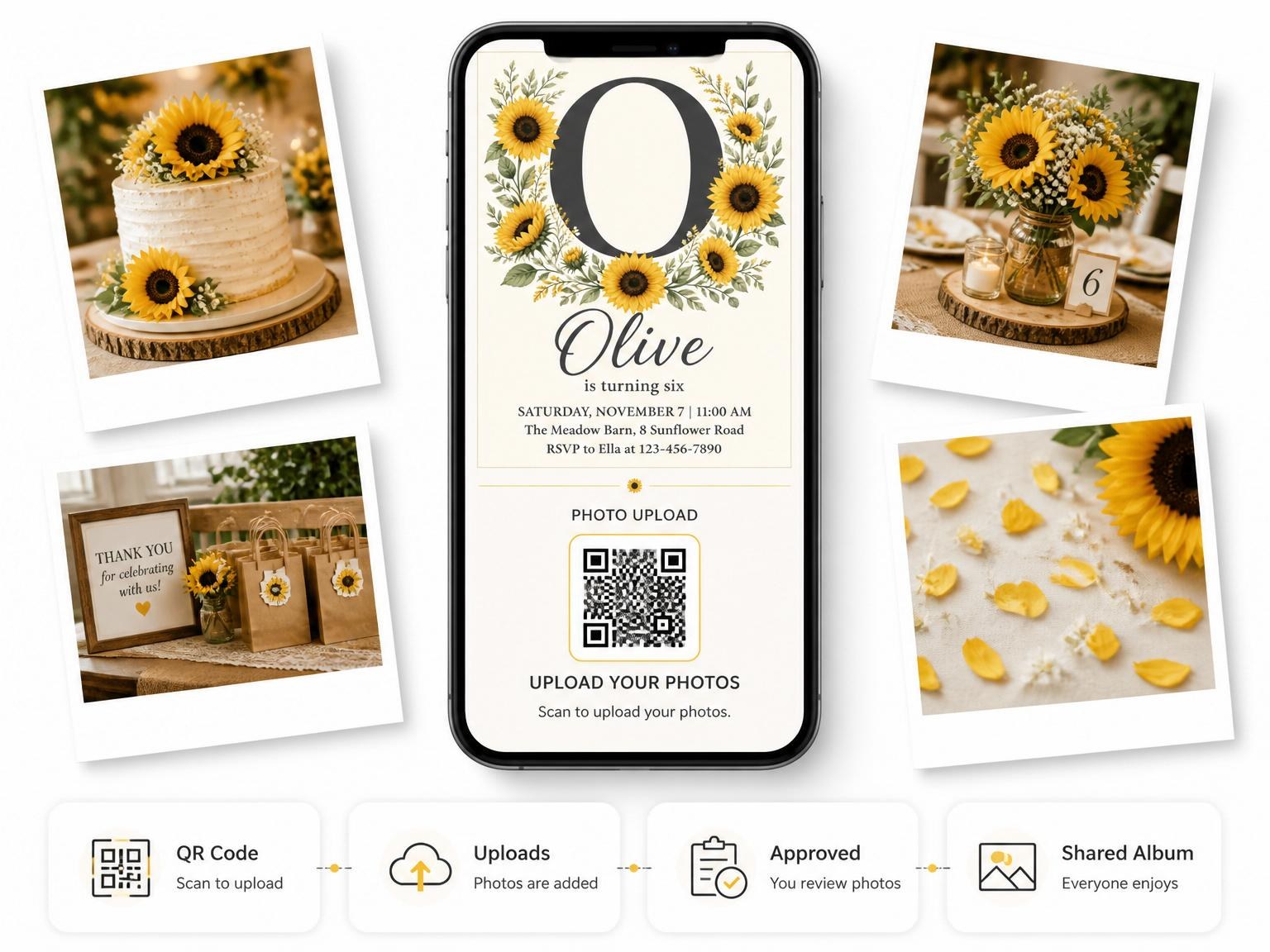 The shared photo gallery that comes with the Watercolor Sunflower Charcoal Monogram Birthday invitation