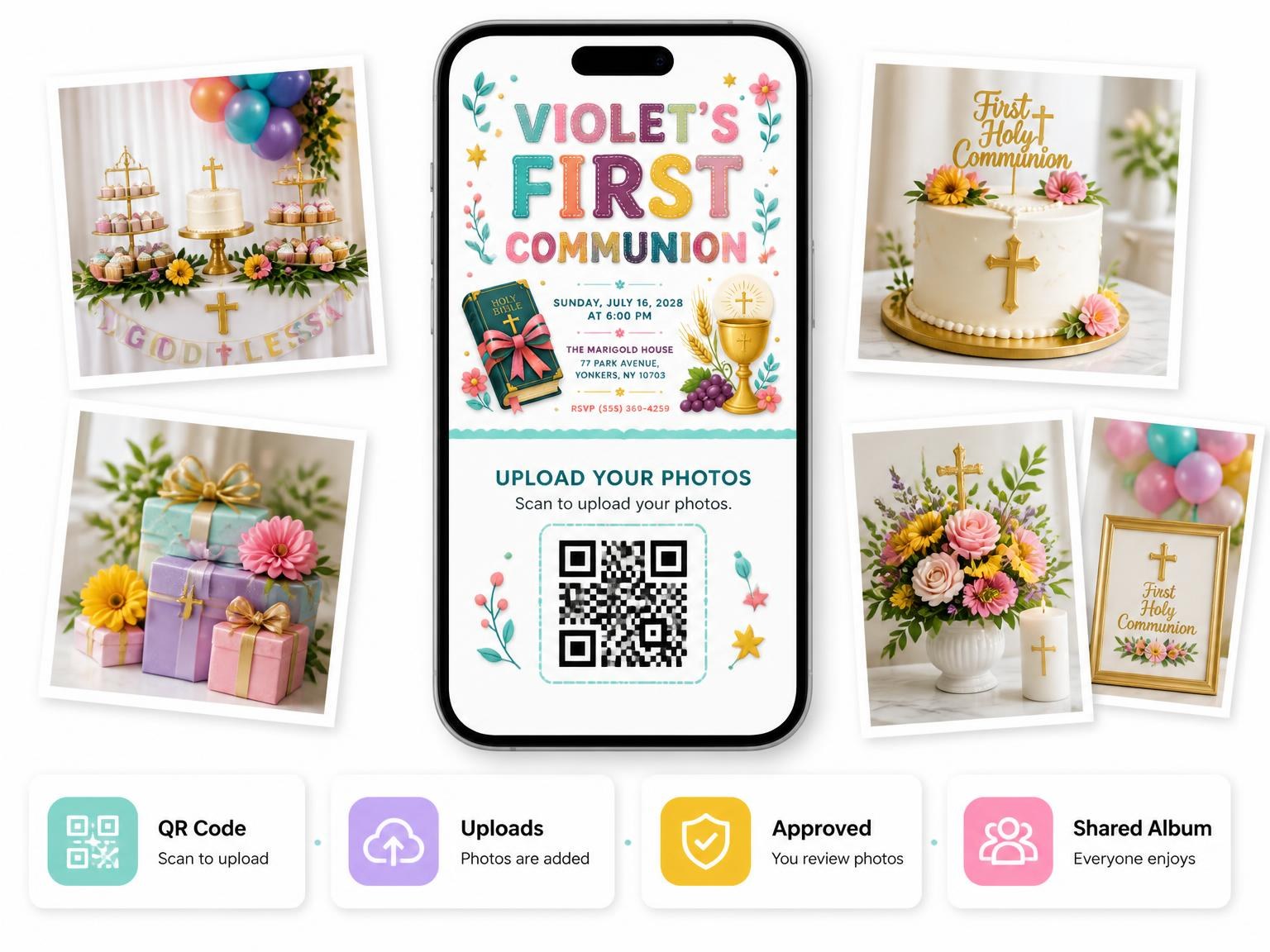 The shared photo gallery that comes with the Holy Bible First Holy Communion Invitation invitation