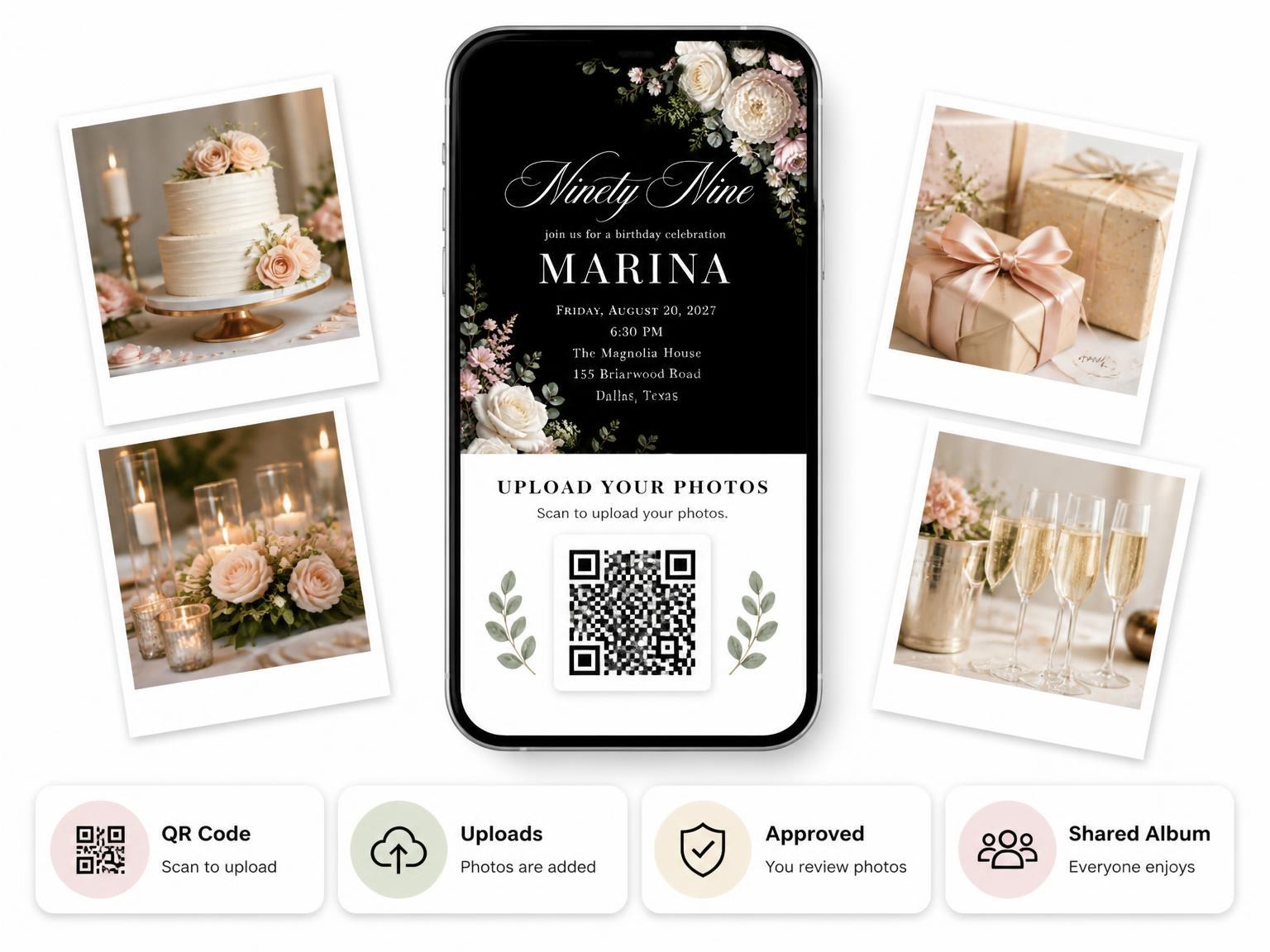 The shared photo gallery that comes with the Black Floral 99th Birthday Invitation invitation