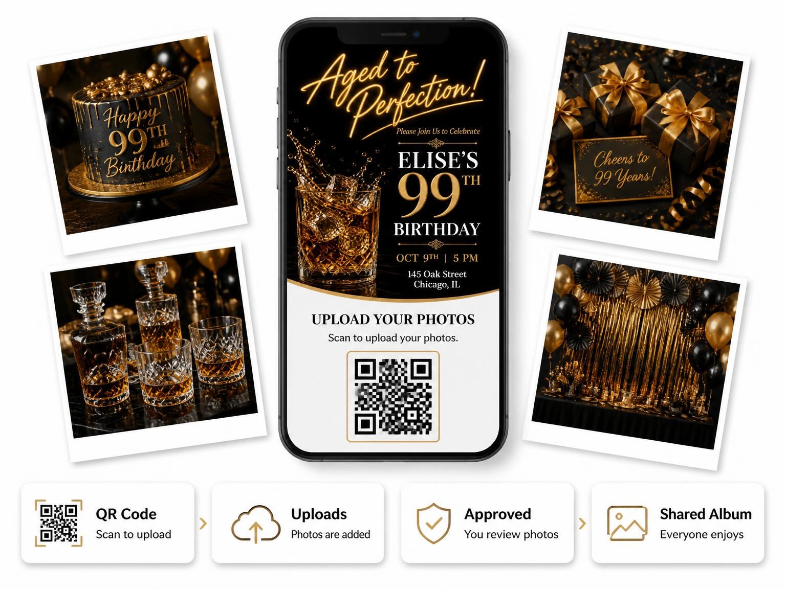 The shared photo gallery that comes with the Whiskey Glass 99th Birthday Invitation invitation